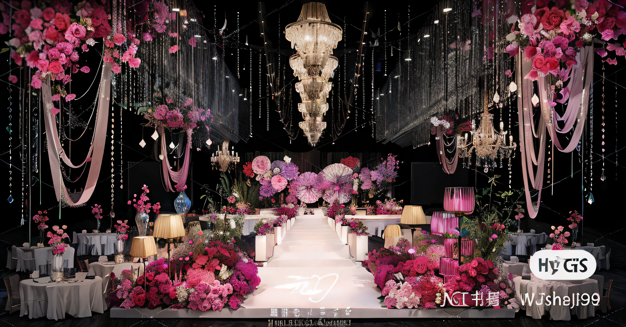 opulent ,Beautiful rendering,hyper HD,Hyper-realistic,With crystal chandelier,Nanyang style wedding scene,CG rendering,lavishly decorated,enscape render,Rose red,Luxurious crystal ceiling,Wedding,opulent,high qulity,with details