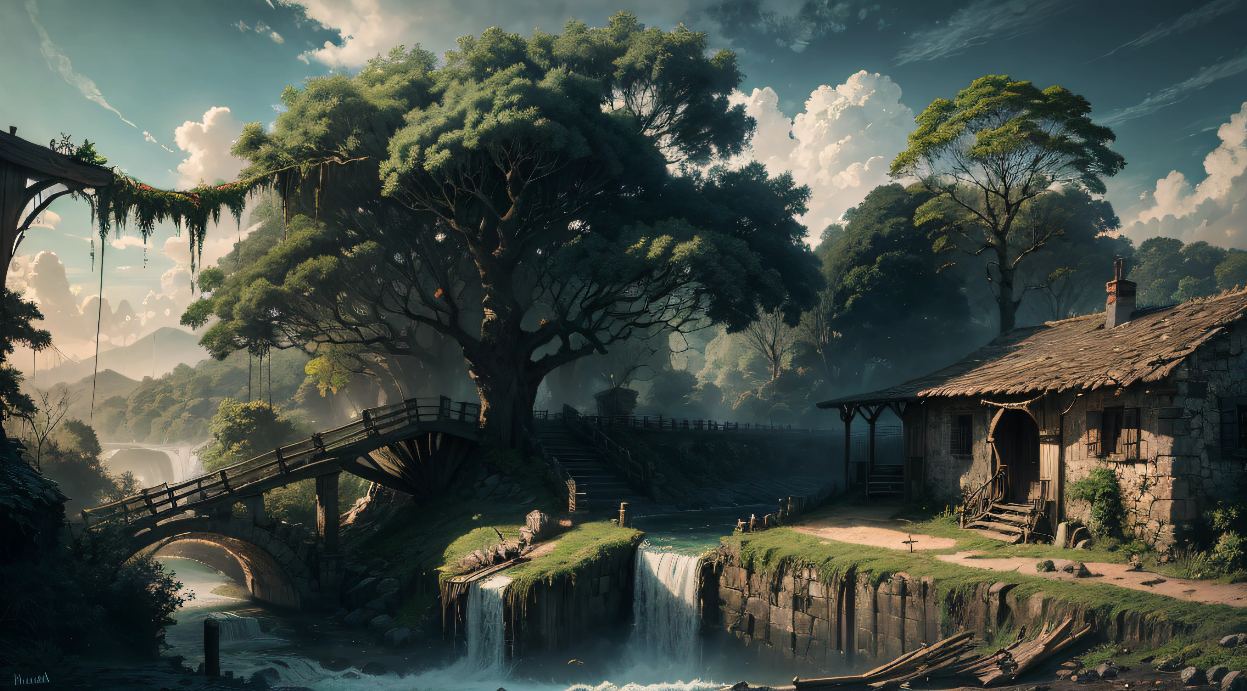 Gigantic colorful trees with many vines, palmeiras, coqueiro, fallen logs, a watermill with a waterwheel, moinho de vento, numa cachoeira exuberante, rio com grandes rochas hiper realista, sky with clouds, sol, lua, global ilumination, profundidade de campo,