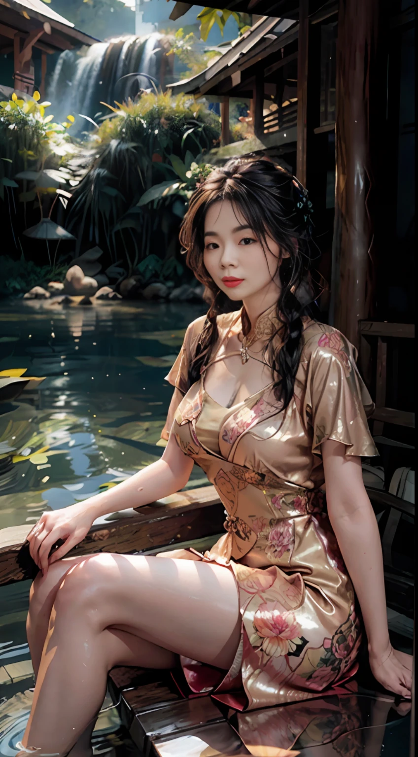 Sitting by the lotus lake, feet playing in the water, the art depicts a charming woman dressed in a flowing, silky traditional oriental dress in pink, decorated with intricate patterns and bright colors. Her dress drapes elegantly over her curvy figure, accentuating her seductive silhouette. She sits gracefully by the tranquil lotus lake, her feet playing in the water, bathed in the soft glow of the moonlight. The scene exudes an ethereal and dreamy atmosphere, with a touch of mystery and sexiness. The graphic style blends watercolor and digital illustration techniques to evoke a refined beauty and charm. The lights are filled with soft moonlight, casting soft highlights and shadows on her charming features. Bare thighs, big breasts, three-dimensional facial features, sitting, upturned legs, side braids