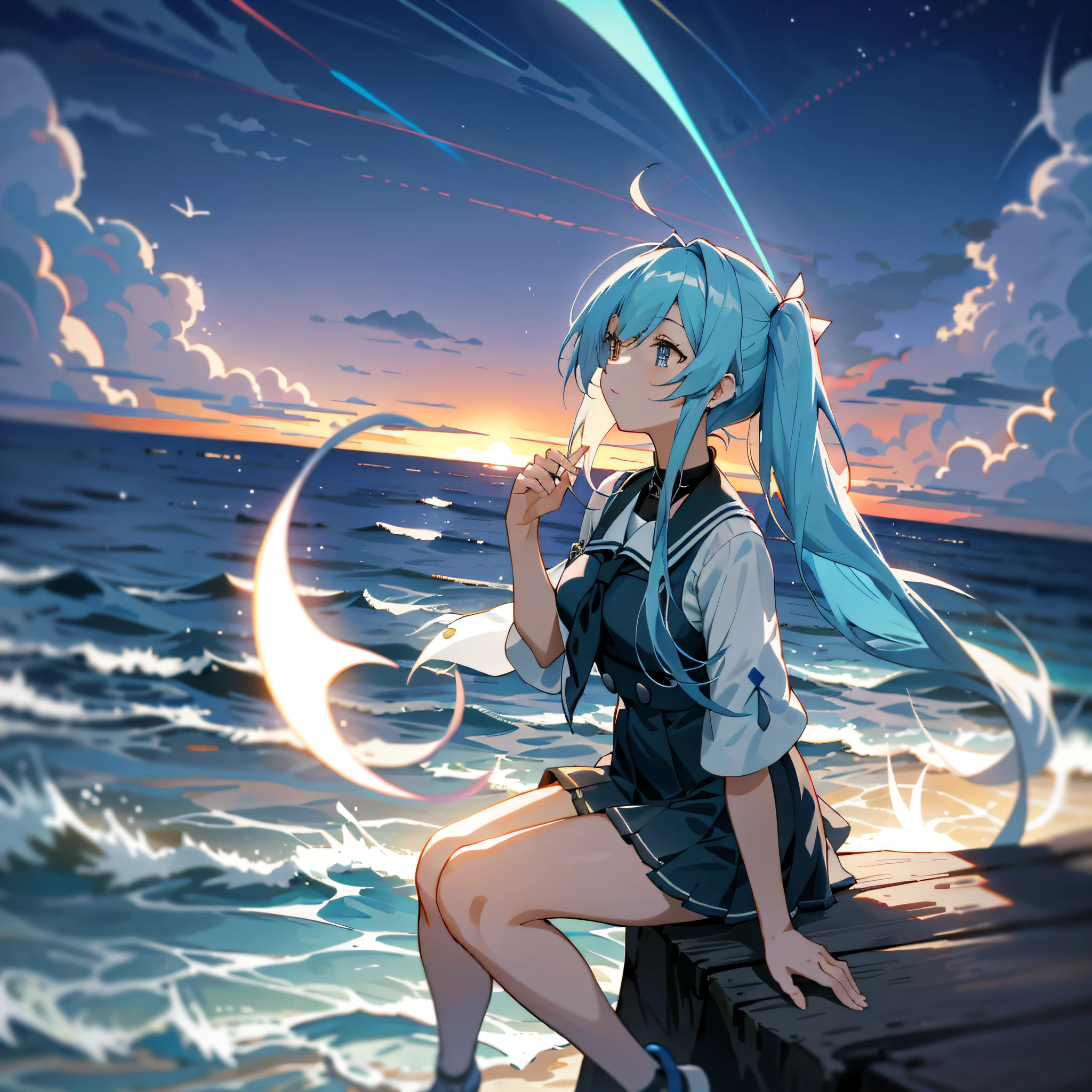 Anime girl sitting on a rock by the sea at night, Kantai collection style, wallpaper anime blue water, A scene from the《azur lane》videogame, azur lane style, konpeki no kantai, nightcore, Have by the sea, Anime art wallpaper 8 K, 4K anime wallpaper, Official artwork, offcial art, 《Ghost Wind Special Assault Team》The art of pixels --auto
