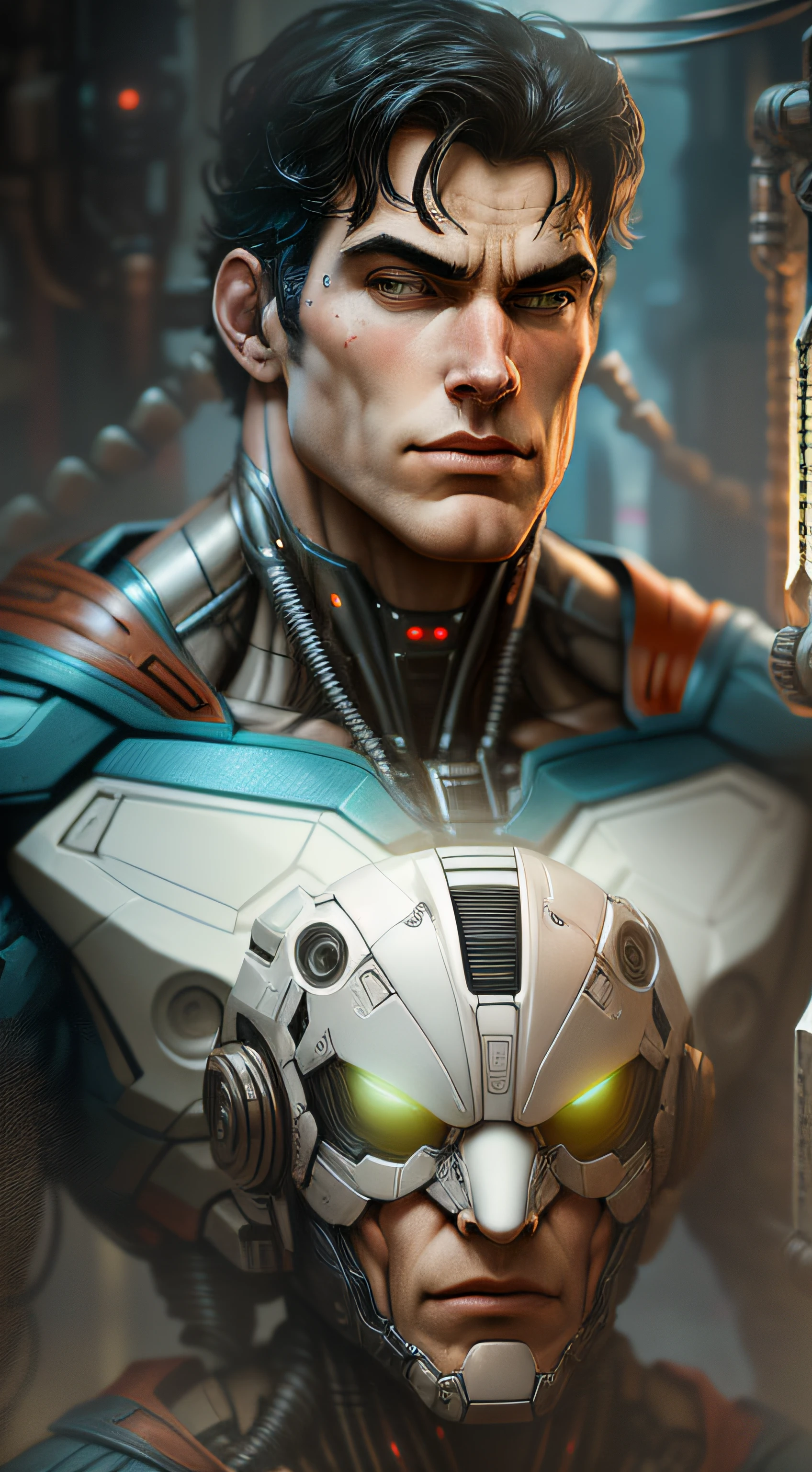 superman from DC photography, biomechanical, complex robot, full growth, hyper-realistic, insane small details, extremely clean lines, cyberpunk aesthetic, masterpiece featured on Zbrush Central
