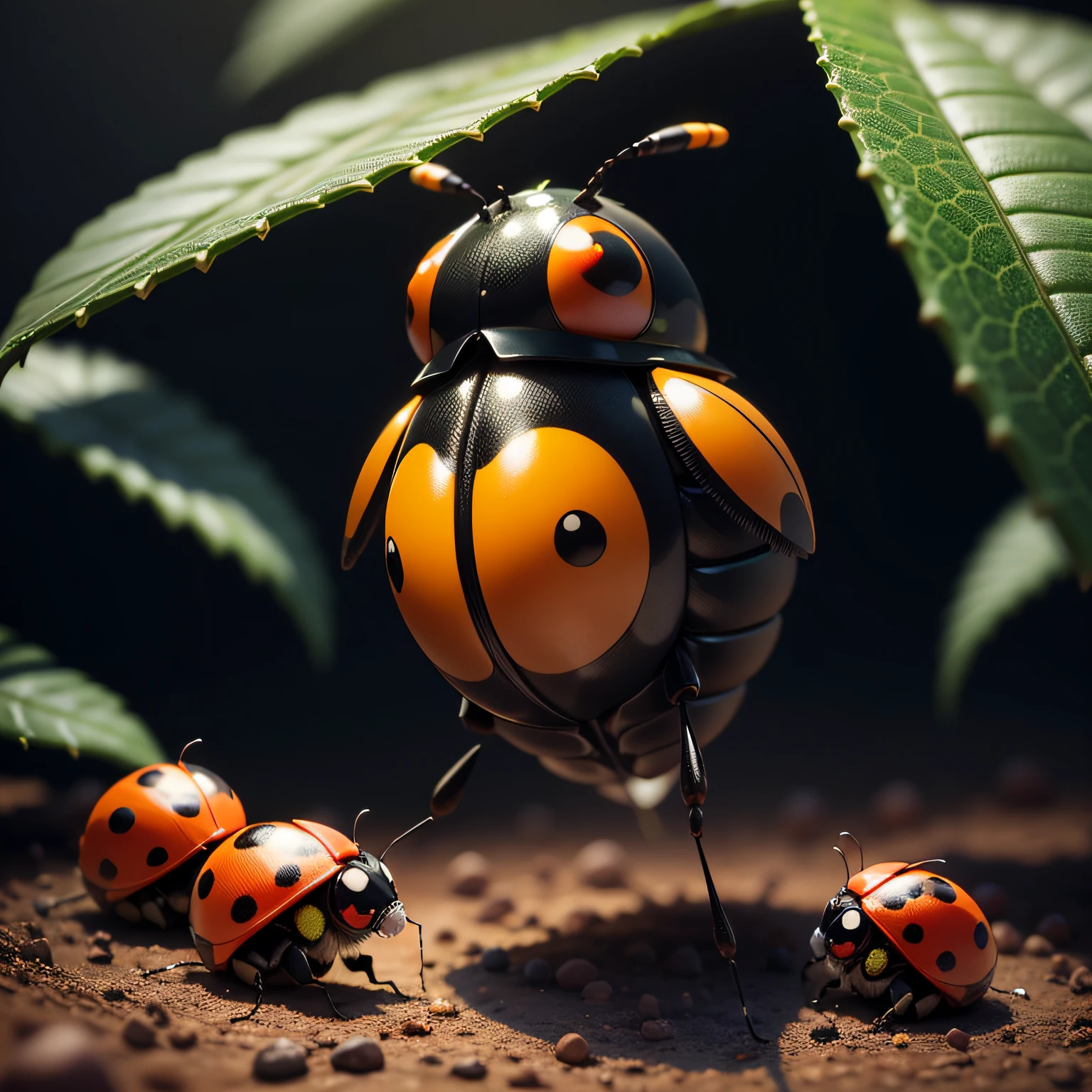 There is a black and orange ladybug sitting on a green leaf, huge ladybug mothership, ladybug robots, Joaninha como um monstro, ultra realistic 3d illustration, huge ladybug motherships, joaninha, circunstanciado. inseto como, Described as a 3D rendering, foto de retrato em close-up, bonito 3 d render, friendly humanoid insect robot, fotografia macro 8k, ultrarealistic illustration.  imagens de joaninhas: [Imagem de uma joaninha vermelha com pontos pretos] [Imagem de uma joaninha preta com pontos vermelhos] [Imagem de uma joaninha laranja com pontos pretos] [Imagem de uma joaninha amarela com pontos pretos] [Imagem de uma joaninha verde com pontos pretos] Ladybugs are small, round insects with wings. They are usually red or orange with black dots, but they can also be black or yellow with red or black dots. Ladybugs are found all over the world and are known for their pest control abilities. Eles comem insetos nocivos, as aphids, besouros e lagartas. Ladybugs are considered lucky creatures in many cultures. --auto