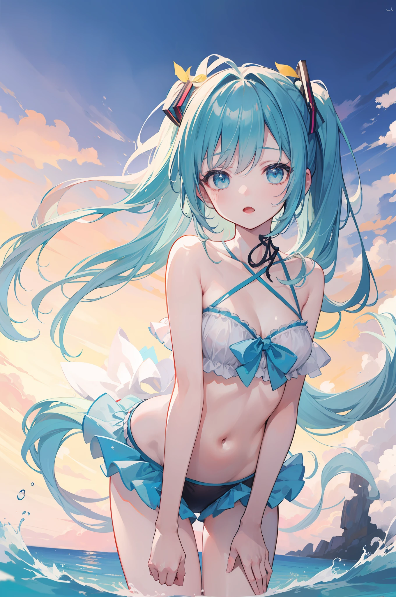 (((hatune miku))),Cowboy Shot, {{messy long hair}},View the viewer from below, Beach, Water, Sunlight, Long hair, Wavy Hair, hair over shoulder, side locks, (((5ars old))),{long hair flowing with the wind}, {Authentic and detailed face}, {Closed_Eyes}, {Open_Mouth}, Bare shoulders, Leaning forward, Arms behind ruffled bikini behind,Pixiv masterpiece, The best quality illustrations,Beautiful detailed liirl, Detailed cute girl,Detailed eyes,Delicate and transparent skin,Cinematic Light, Transparency,8K