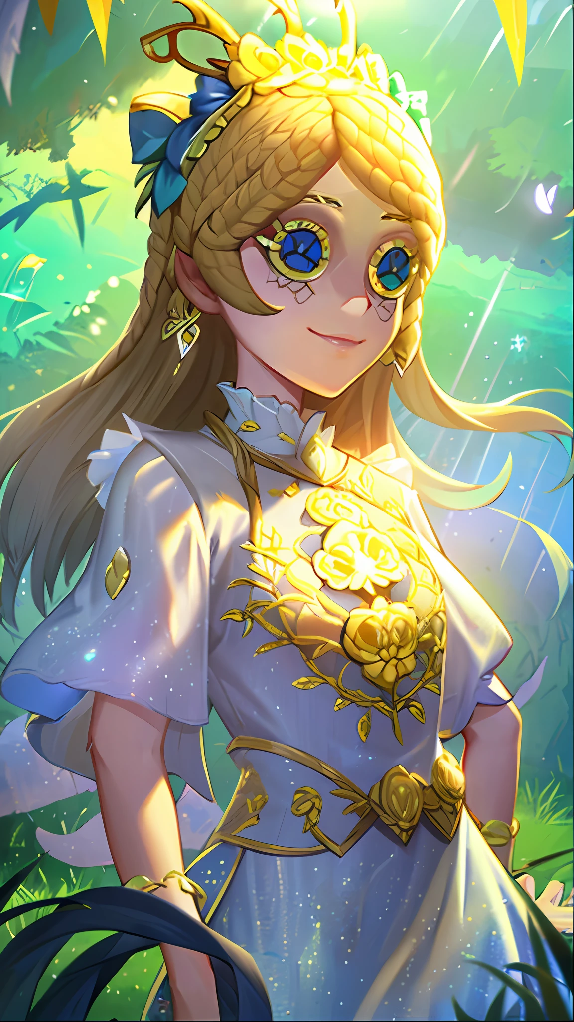 top-quality、masterpiece、8K、The upper part of the body、Button Eye、with a realistic、Be authentic、Live action、beautifly、amazing landscape、Expansive grasslands、flower bloom、Fantasia、Blue-eyed laughing girl(hide one's hands、View here、Longhaire、a blond)