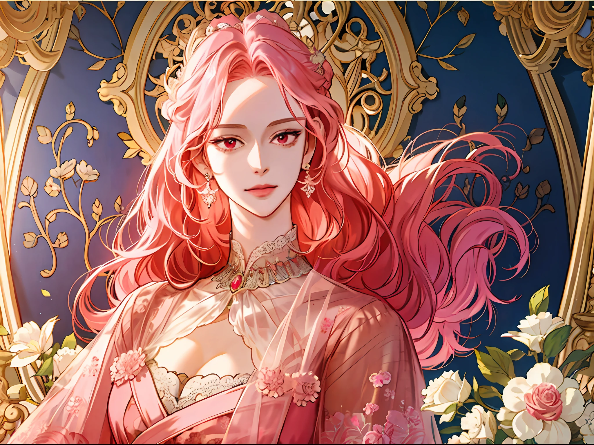 shoujo-style, (extremely delicate and beautiful:1.2), 8k,(masterpiece:1.0),(best_quality:1.0), 1girl, mature woman, complex details, enlarged textures, complex details, finely detailed eyes and detailed face, intricate details, (cleavage), royal dress, (closed mouth), perfect eyes, equal eyes, evil smile, (goddess), pink hair, red eyes