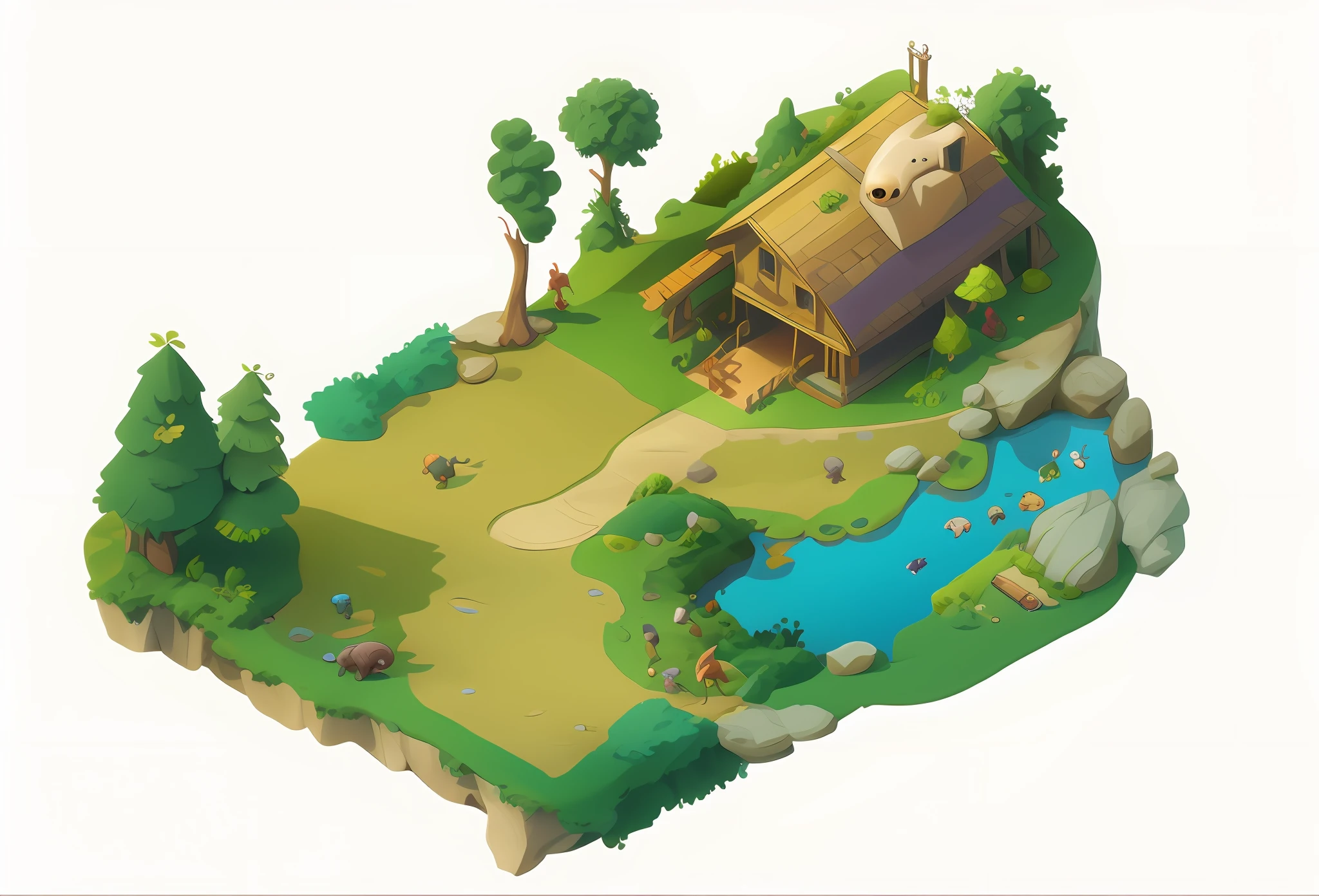 A high resolution，HighestQuali，illustratio，Game scene design，zoo，Top angle of view，Game scene concept design，European and American cartoon style，casual-style，Zoos should have trees，steins，One or two animals，tussock，bushi，pond，2.5D,Stereoscopic，European and American realism