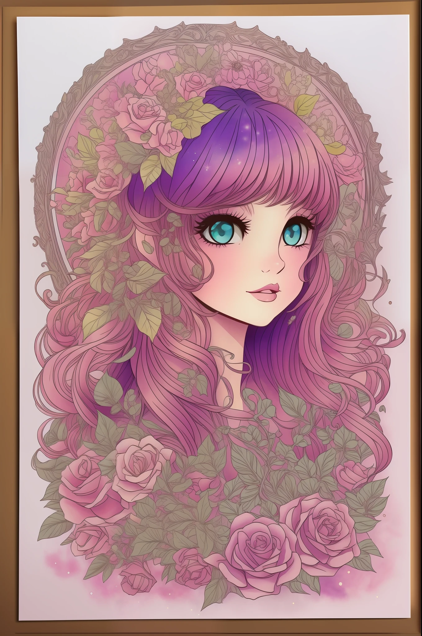 1girl, Beautiful magical watercolor, Beautiful Mystic Goddess, heart flowing, moldura vintage, Com asas de anjo, sorrir, Penalty shootout, estrelas, Rosas, ....lua, testa, Fantasy Illustration, rosto perfeito, com rosto bonito e com estrelas, cabelo claro bonito, olhos perfeitos, luz dourada, vivid vibrant colors, detalhe intrincado, hiper detalhado, hiper qualidade, 32k, Motor irreal, isolado no fundo branco, kawaii, Clipart, Arte de Fantasia