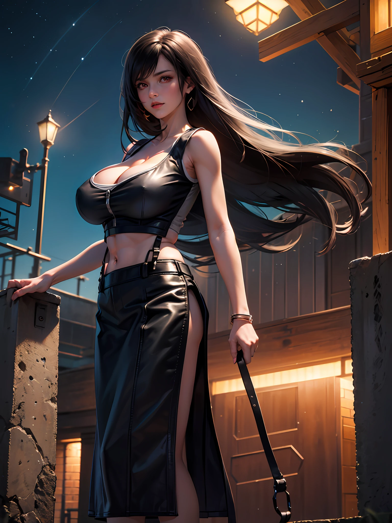 official art, unity 8k wallpaper, ultra detailed, beautiful and aesthetic, masterpiece, best quality, extremely detailed, dynamic angle, cowboy shot, elegant, vivid colours, atmospheric. Tifa lockhart, long black hair, red eyes, hair bangs, (white tank top:1.5), white top, (black miniskirt:1.4), suspenders, stockings, (huge breasts:1.5), cleavage, (red eyes:1.2)one girl, 1 girl, thin waist, wide hips, exposed abdomen, toned abs, toned arms, close up, see through clothes, semi transparant clothes, outside an industrial factory at night, a green atmospheric glow