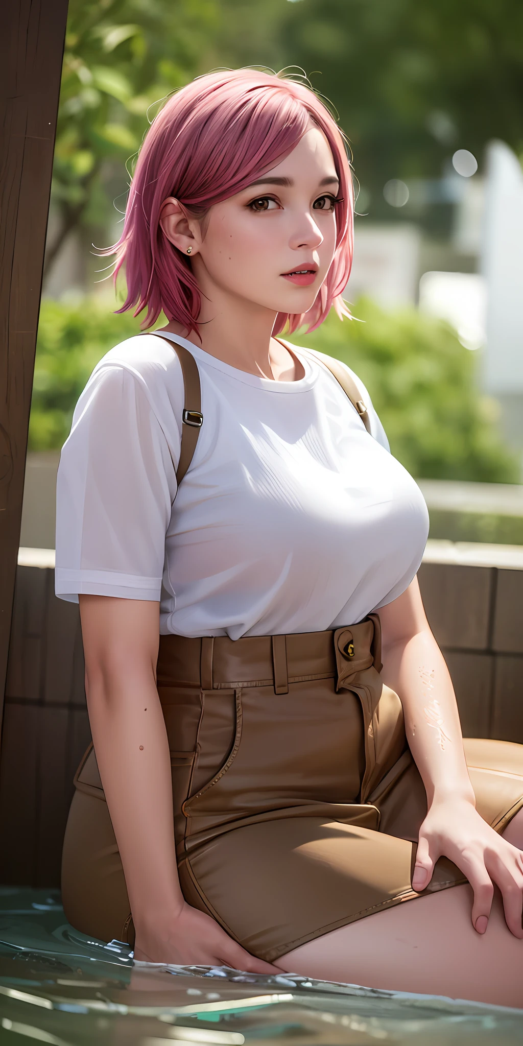 masterpiece,best quality,photo realistic,asda,face,1girl,head,thick lips, pink hair,sitting ,wet,shiny skin, mix4,