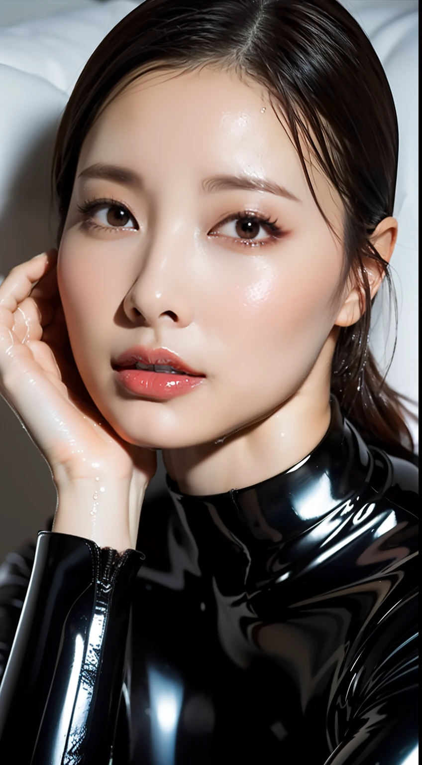 (Best Quality, 8k, 32k, Masterpiece, UHD: 1.2), Cute Japan Female Pictures, 1 Girl, (Medium: 1.1), (Tall Women), (Slim Figure: 1.1), (Glossy, Wet, Rubber Suit), Dark Brown Short Hair), Double Eyelids, Wet Skin, Wet Hair, Lying in Bed
