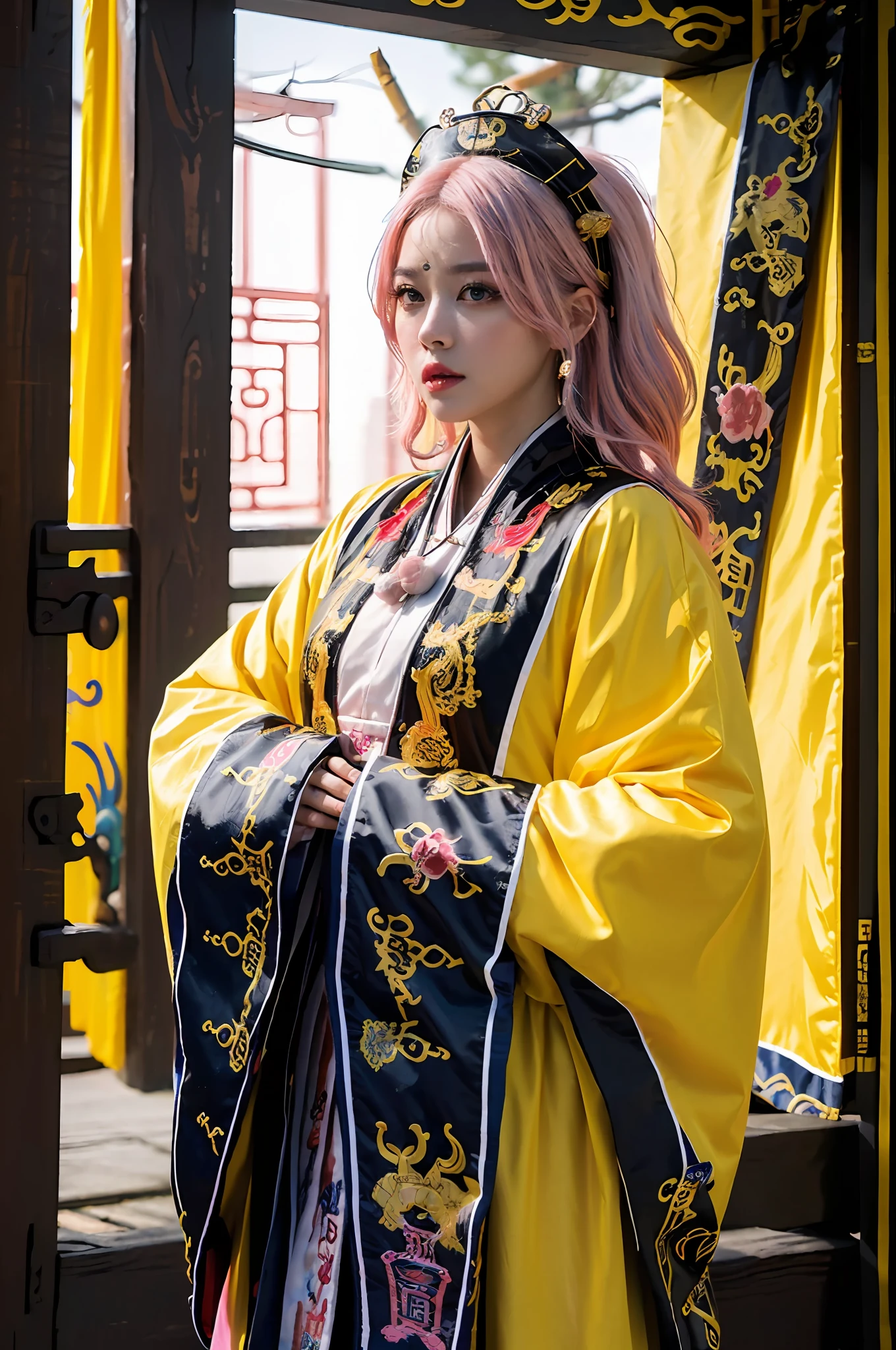 ((masterpiece), (best quality), ultra high res, (raw photo:1.2), (photorealistic:1.4), Exceptional detail, dramatic lighting, highres,   8k, absurdres, solo, 
CNGirl_2, 1girl, ((pink hair)), close up, daoist_robe, yellow daoist robe,  Chinese Temple, fantasy, incense, long hair, looking at viewer,