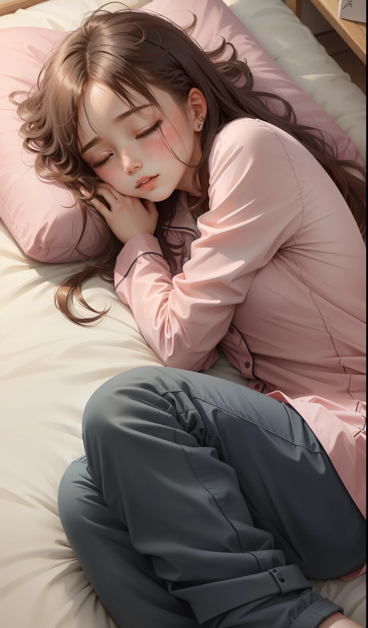 Sleeping girl,22 year old,realisticlying,She wore long trousers,Wearing pink B translucent pajamas,brown hair。There are tears in the corners of the eyes