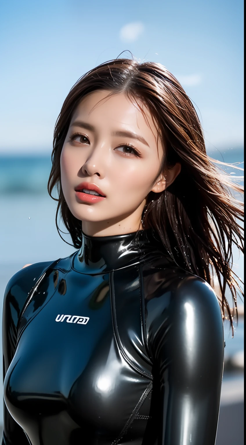 (Top Quality, 4k, Masterpiece: 1.3), Japan Woman, 1 Girl, Sexy: 1.1, Dark Brown Hair: 1.1, (Wet Body: 1.3), Glossy, Latex, Wetsuit, Ultra Detailed Face, Detailed Lips, Detailed Eyes, Red Lipstick, Open Mouth