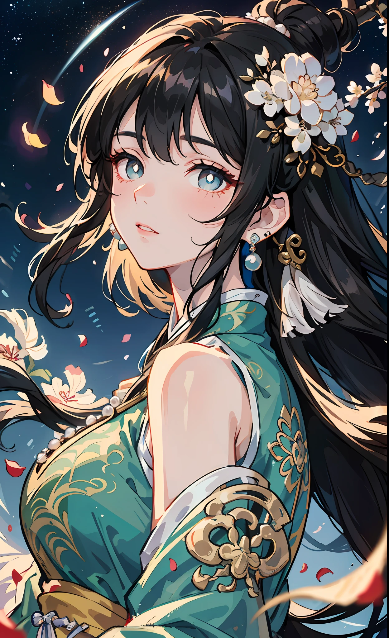 Mature girl , black hair, floating hair, delicate and smart eyes, starry pupils, intricate damask hanfu, gorgeous accessories, wearing pearl earrings, FOV, f1.8, masterpiece, complex scene, flower petals flying, front portrait shot, Chang'e