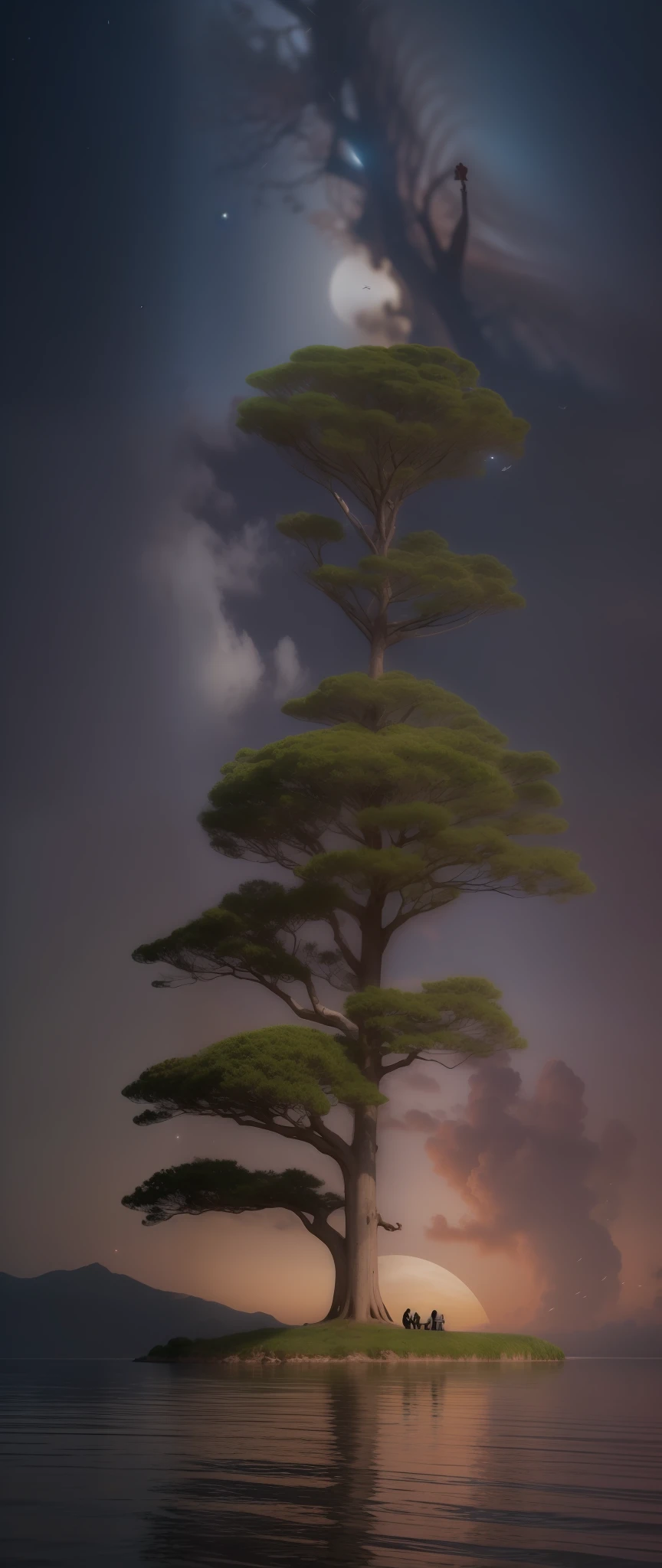 One very huge and tall tree、Trees growing in the sea々、Overgrown with greenery、The Rising Sun、Many people look up at the sky、Far angle、Overall view、Photorealsitic、8K、Detailed Focus、Clean lighting