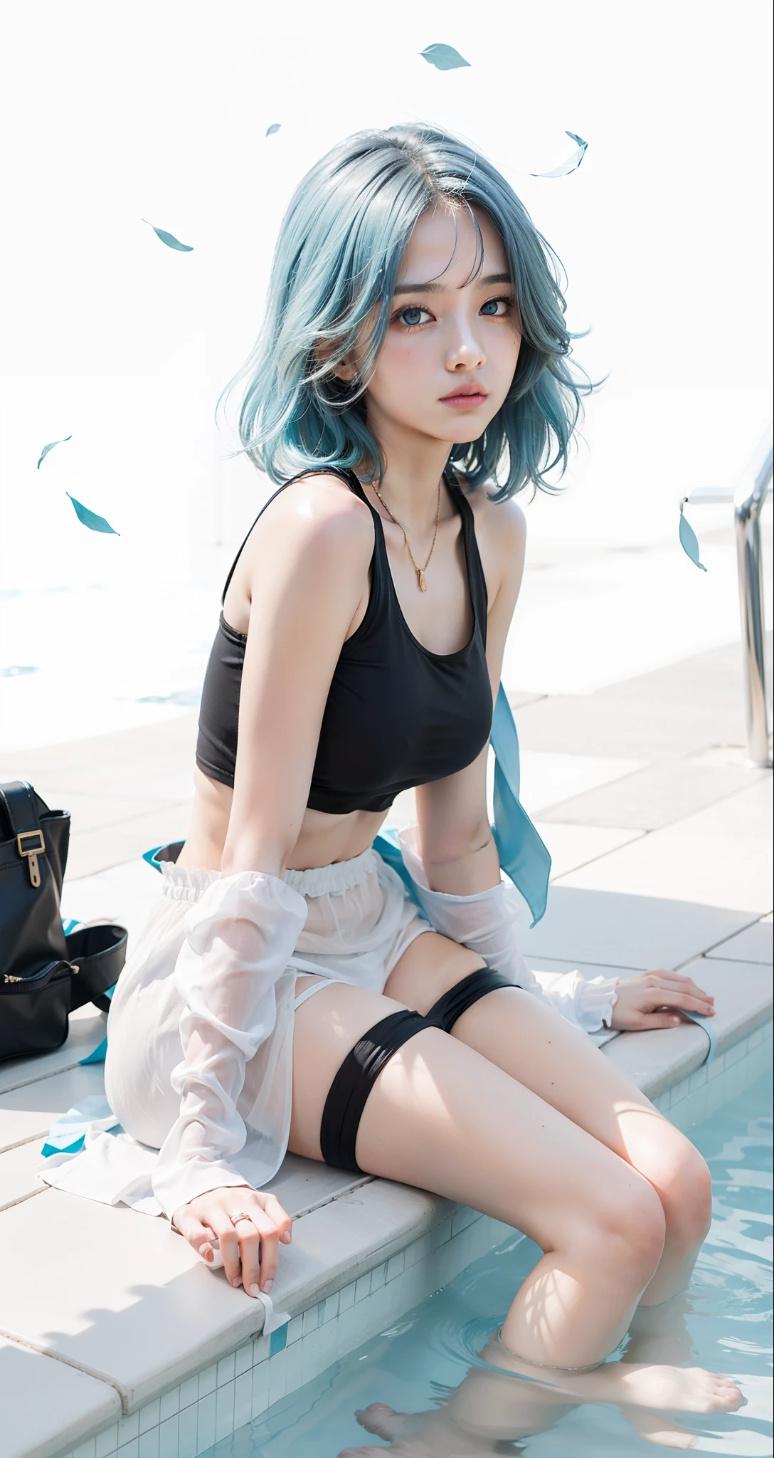 1girl, Fantasy, Black tanktop, Blue Hair, Blue eyes, Swimming pool, Beauty face detail, Bad mood, blushing face, Realistic, Ultra detail, Same outfit detail, same pose detai, 70mm lens