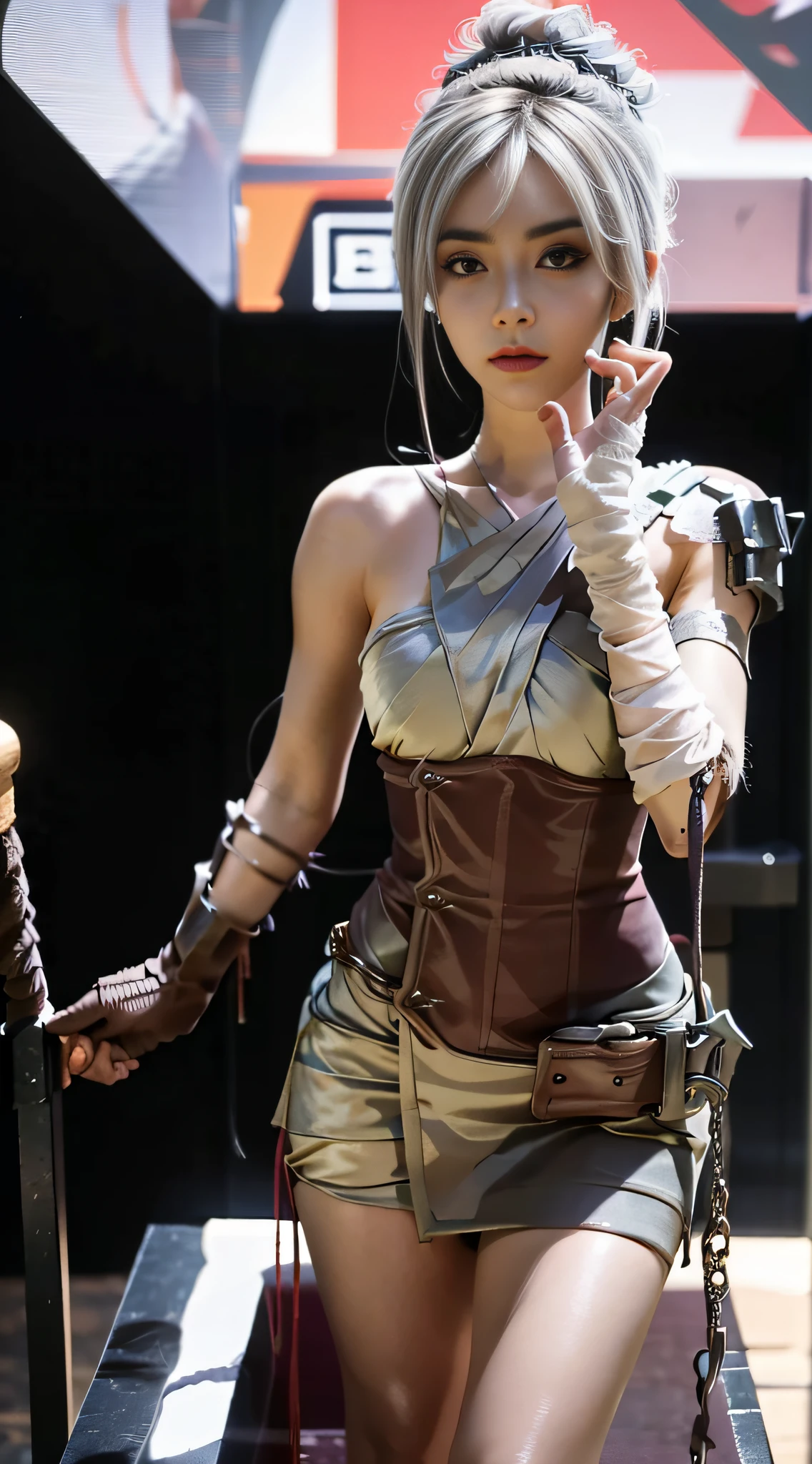 beauitful face， Standing alone， 1girll， Best quality at best， tmasterpiece，hair adornments， mitts，leges，White color hair，Broken sword in hand