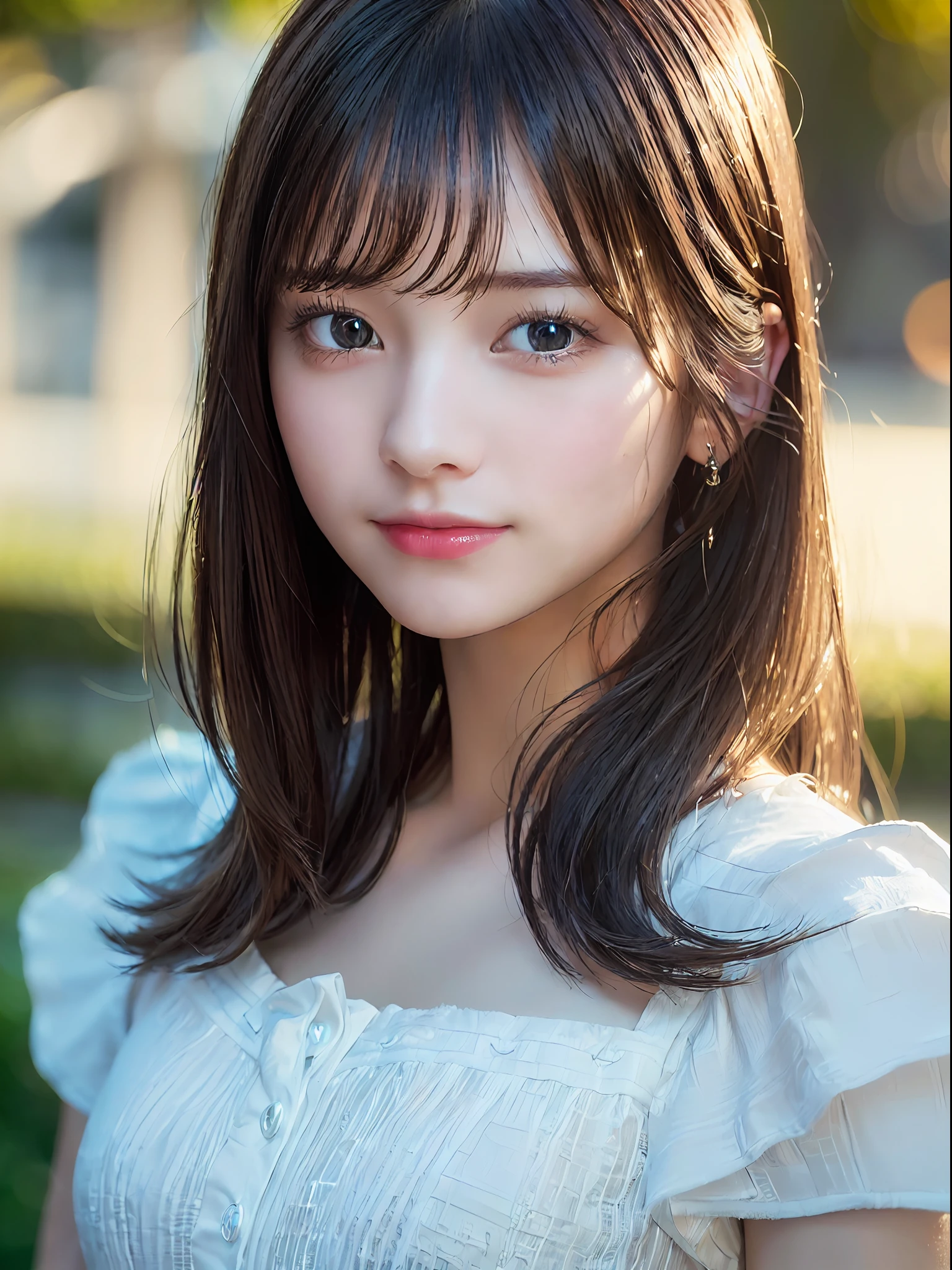 ((Best Quality:1.2, 8k, Sharp Focus, Masterpiece: 1.2, Cinematic Light, extremely detailed CG, a beautiful Girl, reality, Detailed face Textures, realistic skin, detailed bangs)), (depth of field), bokeh background, head tilt, smile, close mouth, shiny black short hair,