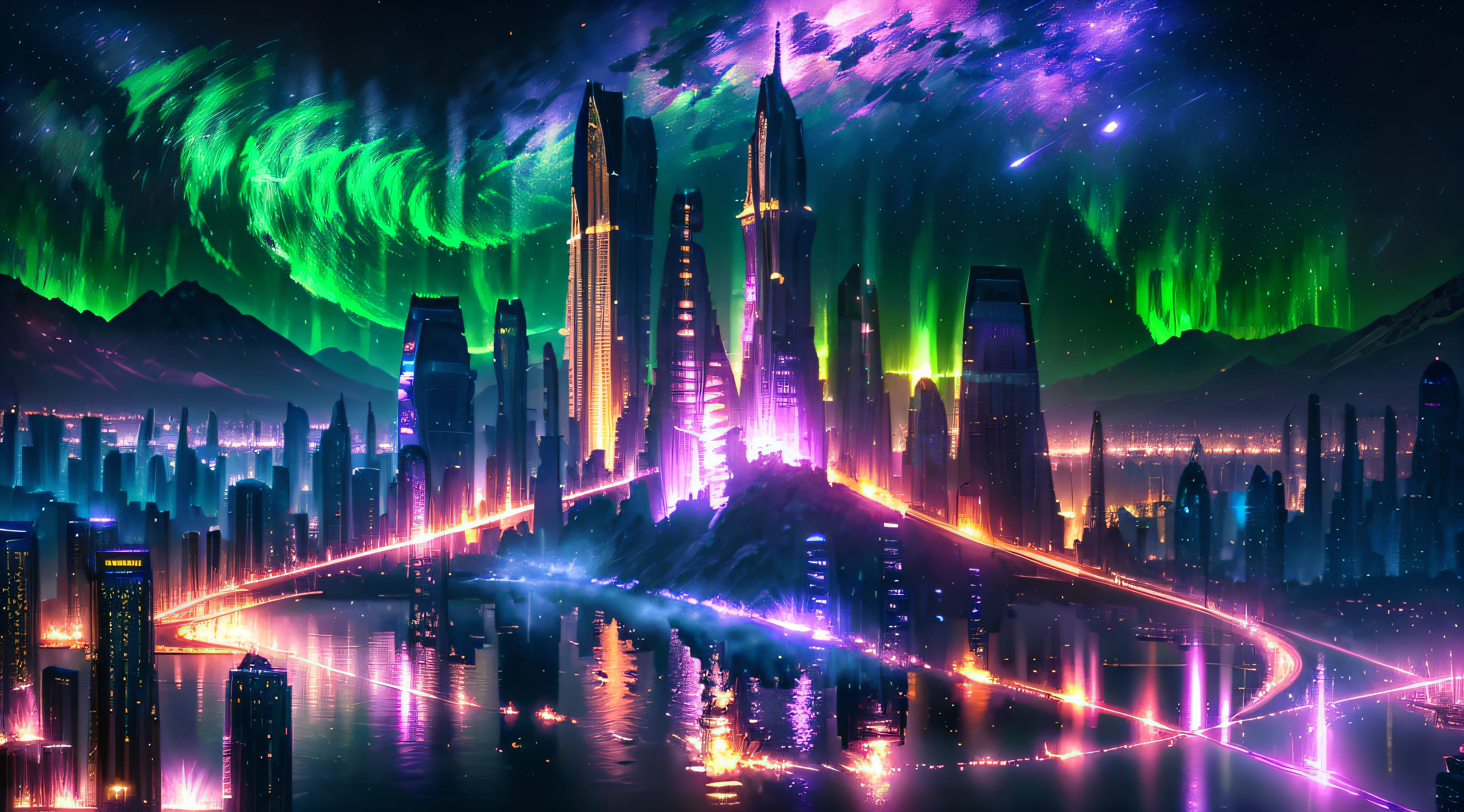 (deep in the night, deep in the night, deep in the night) I see a beautiful, detailed 8k artwork with a sugary pink crystal city, sparkling gold, and a fairytale landscape against a magical night sky.8k,((huge full city)),(space city),(nothern lights,detailed),((high quality))