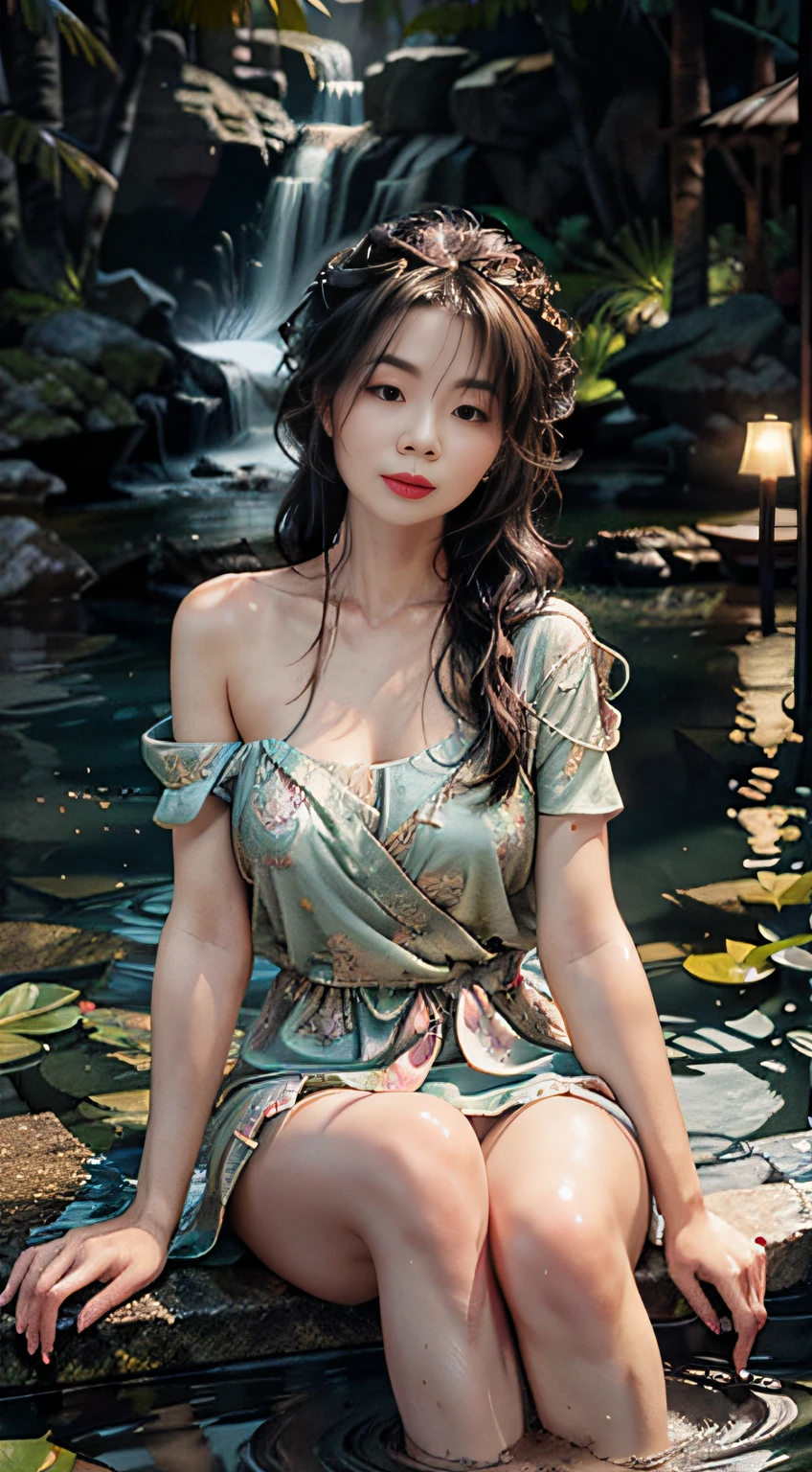 Sitting by the lotus lake, feet playing in the water, the art depicts a charming woman dressed in a flowing, silky traditional oriental dress in pink, decorated with intricate patterns and bright colors. Her dress drapes elegantly over her curvy figure, accentuating her seductive silhouette. She sits gracefully by the tranquil lotus lake, her feet playing in the water, bathed in the soft glow of the moonlight. The scene exudes an ethereal and dreamy atmosphere, with a touch of mystery and sexiness. The graphic style blends watercolor and digital illustration techniques to evoke a refined beauty and charm. The lights are filled with soft moonlight, casting soft highlights and shadows on her charming features. Bare thighs, big breasts, three-dimensional facial features, sitting, upturned legs, side braids