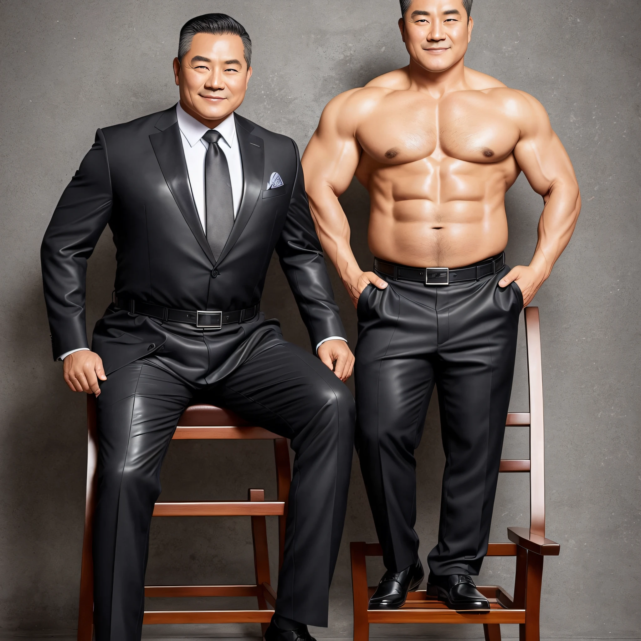 A middle-aged man in formal clothes,Slightly chubby abs are revealed,Against the backdrop of a black leather belt,Guoji had a smile on his face,legs are open,Sit in a chair,Real Human --auto