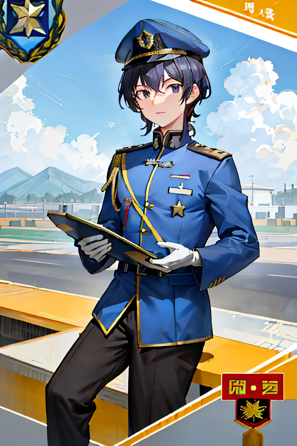 16k,Chinese Air Force,male people,Air Force dress in 2021 style,There are two bars and a star on the shoulder,The emblem of the Central Military Commission on the left chest,Stand on a high platform,The sun shines on the face,The Bayi badge on the military cap sparkles,Look ahead,Very handsome,Side Body