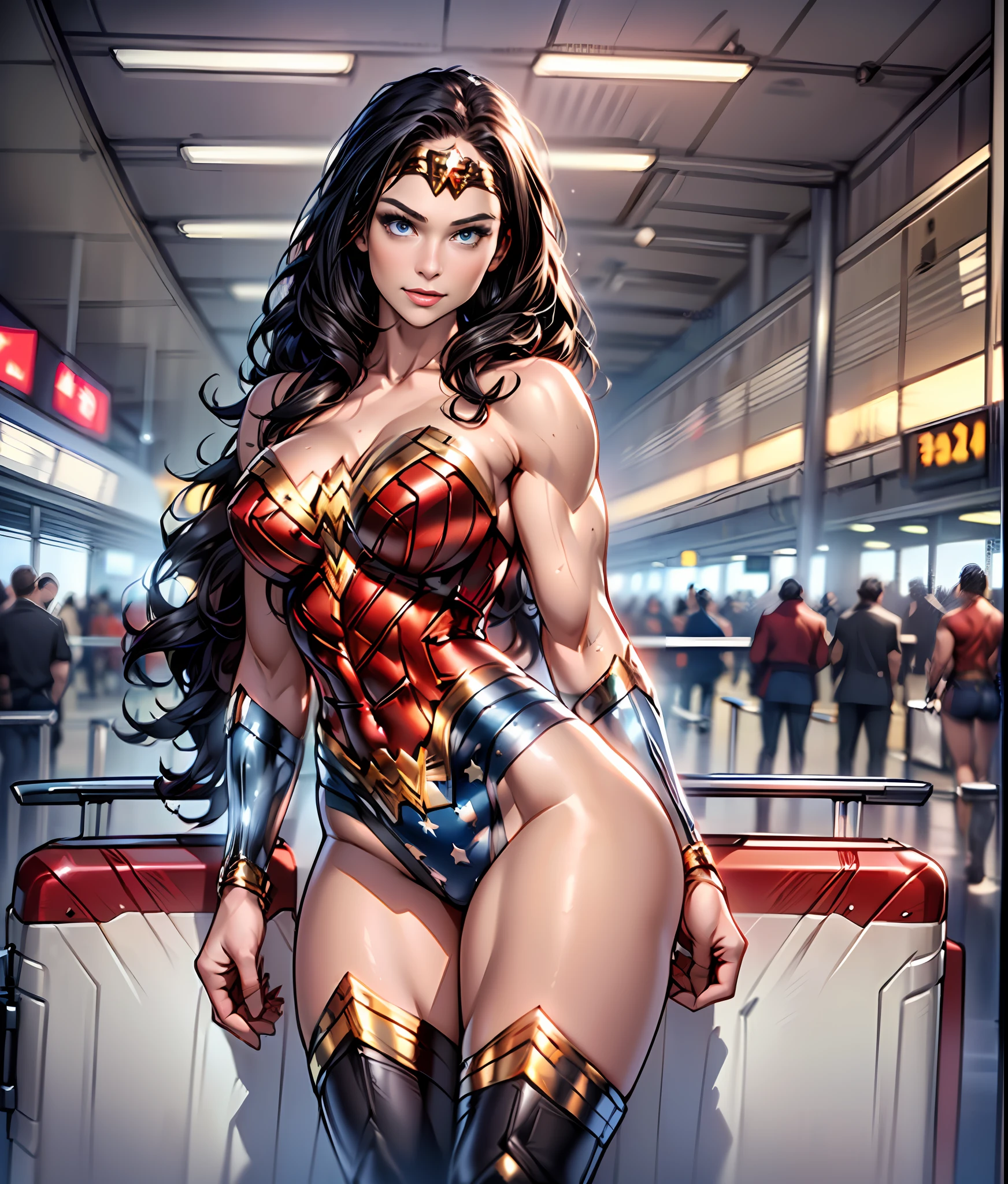((s whole body, Standing):1.5), {(1woman)}, Only she {((Wonder Woman in a tiara, red and gold bustier, blue leotard with white stars, silver bracelets, (Red knee high boots:1.2), golden belt, (Wonder Woman clothing:1.0))), She has ((Big breasts)), Only she has it ((Sexy, elastic muscles, (Muscular: 1.2), ((strong and healthy body)), ((((the more) Muscular))), Long leg, curved, (Big breasts: 1.3), cleavage, Blue Eyes, long black wavy hair, (light tan skin: 1.4))), ((Strike an erotic pose)), She is smiling and staring at the viewer, ((At the airport, Passenger Arrival Area, Several people with different suitcases in the arrival area, chairs, Sedentary people))},16 k, Best Quality, Best resolution, Highest clarity,
