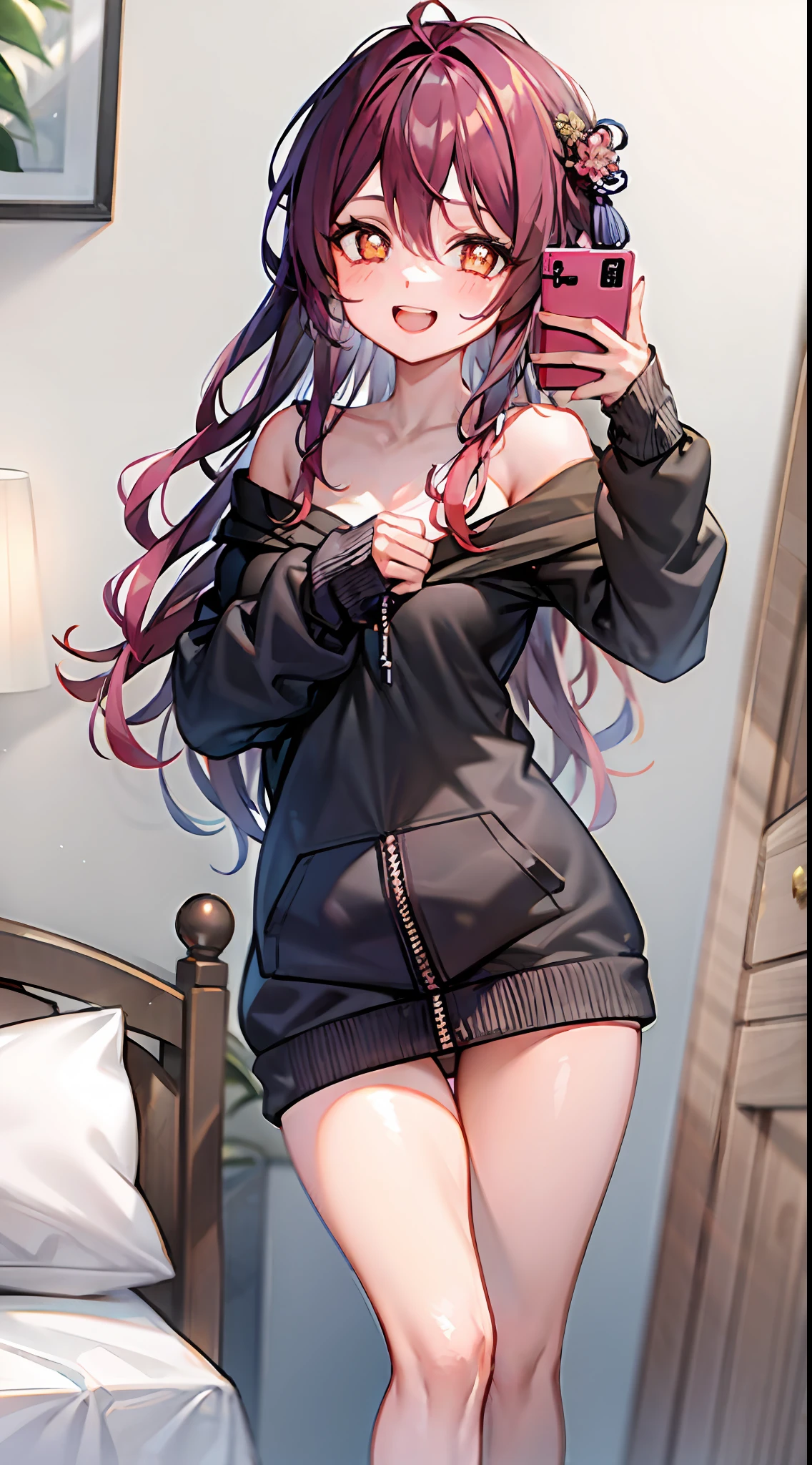 (selfie:1.3), masterpiece, 8k wallpaper, absurdres, best quality, dynamic angle, cinematic lighting, 1girl, small breasts, cute, delicate, hu tao(genshin impact), brown hair, (naked hoodie), long hair, hair between eyes, show shoulders, very happy, big smile, show teeth, (detailed red eyes, symbol shaped pupils), extremely detailed background, bedroom, curtains, lamp, cozy