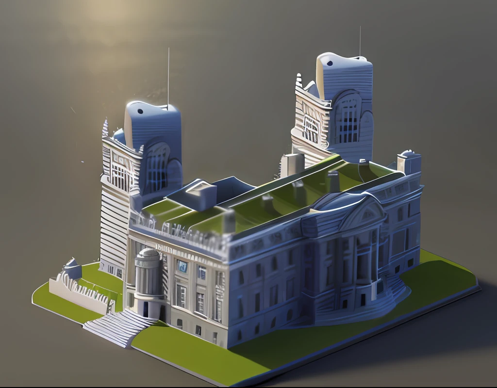 There is a very large building, C4D style,3D,neoclassical police station, isometric palace, ingame image, Official courts, Detailed number. 1 0 Downing Street, an extremely detailed building, prerendered isometric graphics, big buildings, SimCity 4, full building, fully built buildings, detailed building, hq render, Single building, Buildings,4K,HDRI,