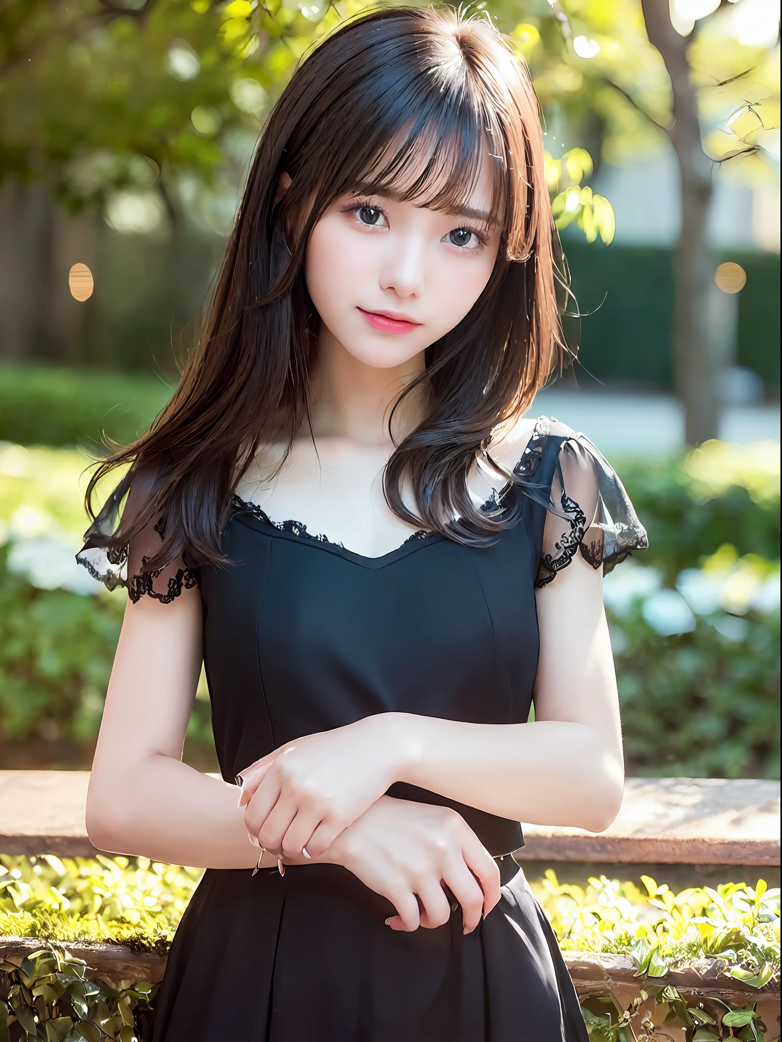 ((Best Quality:1.2, 8k, Sharp Focus, Masterpiece: 1.2, Cinematic Light, extremely detailed CG, a beautiful Girl, reality, Detailed face Textures, realistic skin, detailed bangs)), (depth of field), bokeh background, head tilt, smile, close mouth, shiny black short hair,
