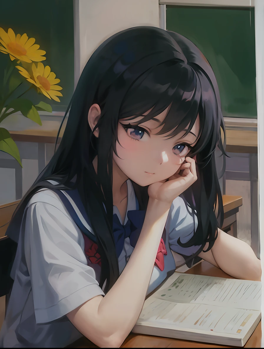 Anime girl sitting at table,Holding a book and a flower, Beautiful Anime High School Girls, anime moe art style, drawn in anime painter studio, Surrealism female students, anime visual of a cute girl, ilya kuvshinov with long hair, Marin Kitagawa fanart, up of young anime girl, She has black hair,By bangs, Surrealism female students
