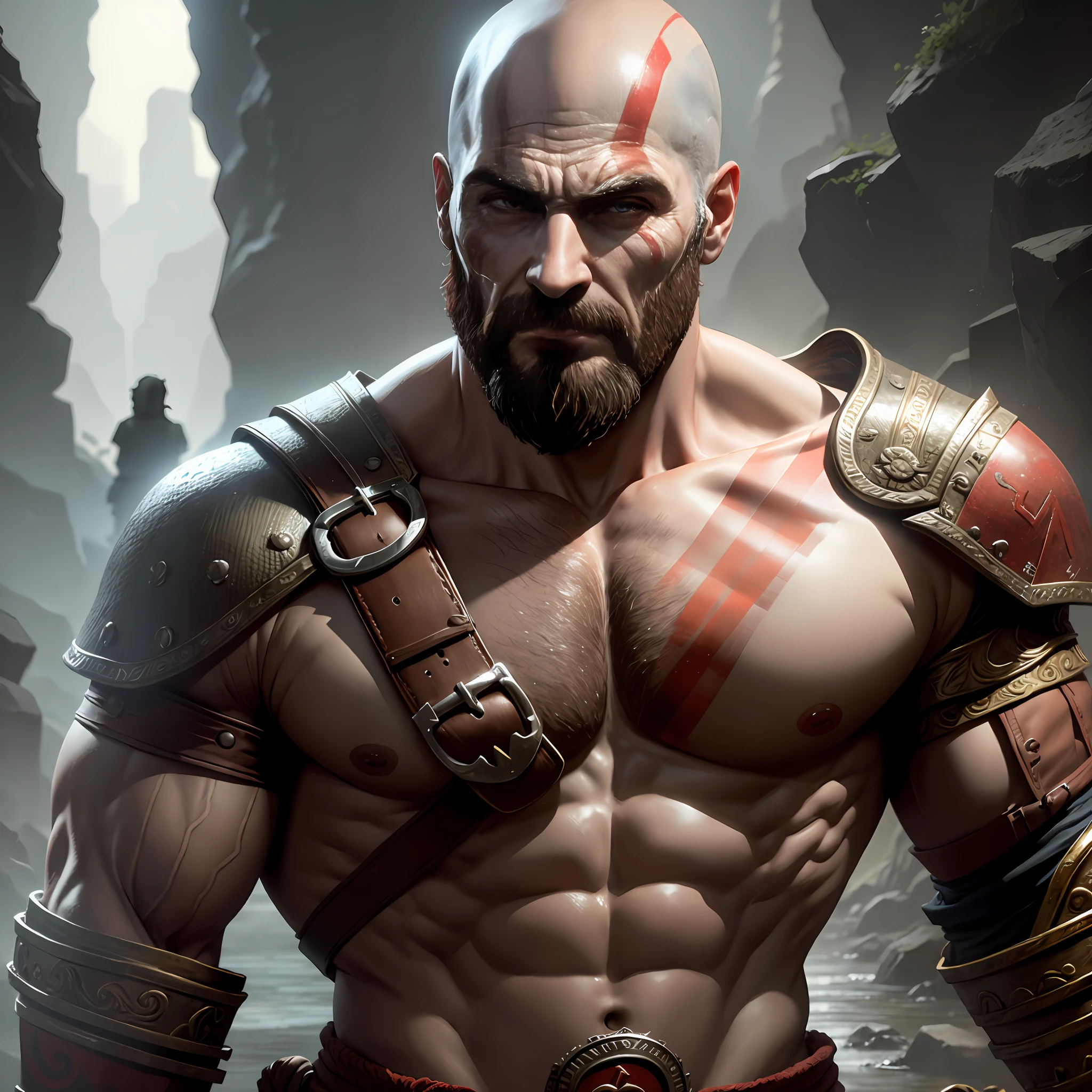 kratos God of War 2005, Foto realista, perfil, careca, barbicha, igual dos games