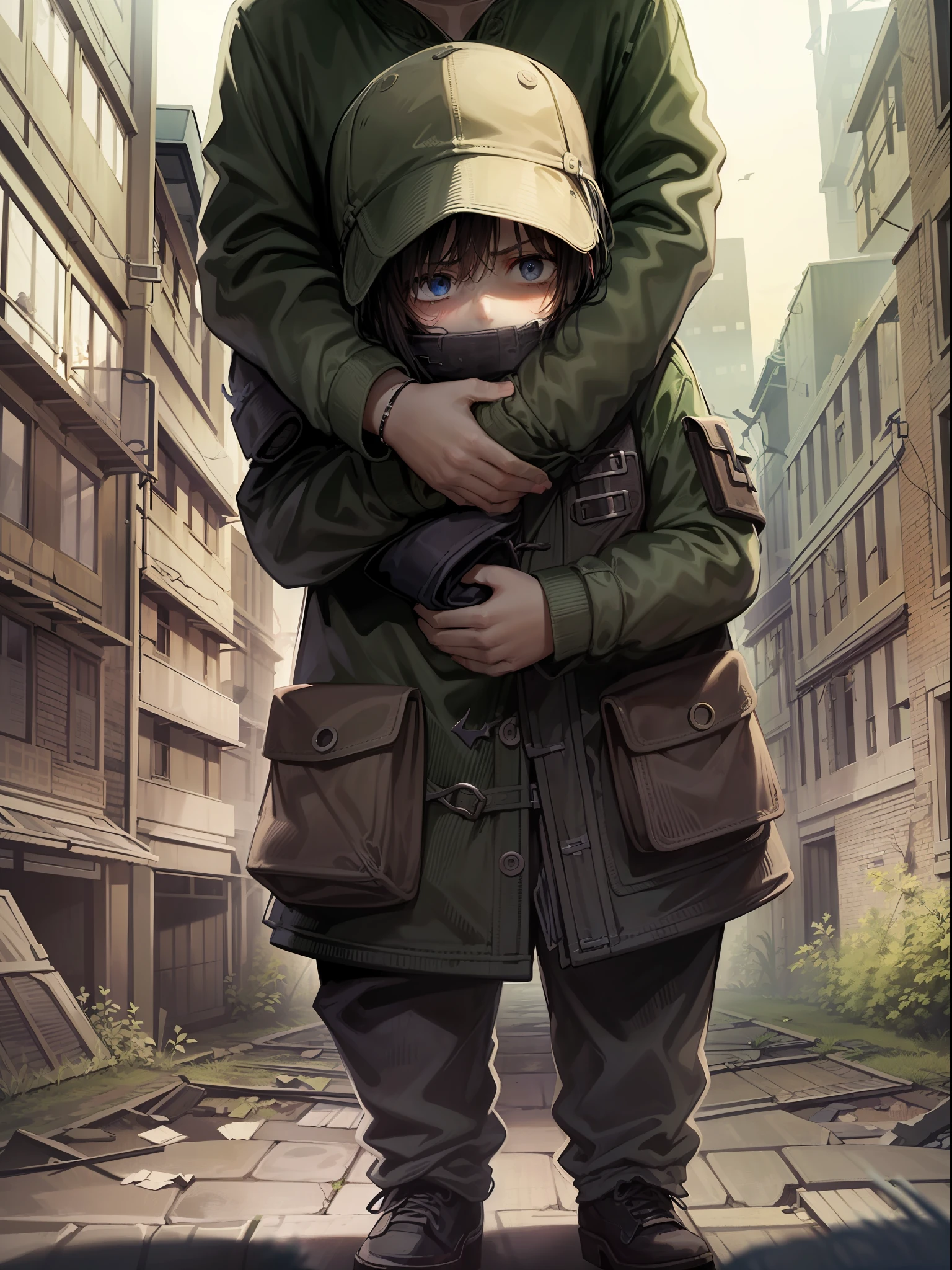 5 children，Hug together，ragged attire。His expression was full of caution。He had a scared look on his face，The expression is full of malice and disgust。Connect them to the surrounding city and abandoned environment。The scenery is dark，Crumbling buildings and shadows evoke a mysterious and dark atmosphere。