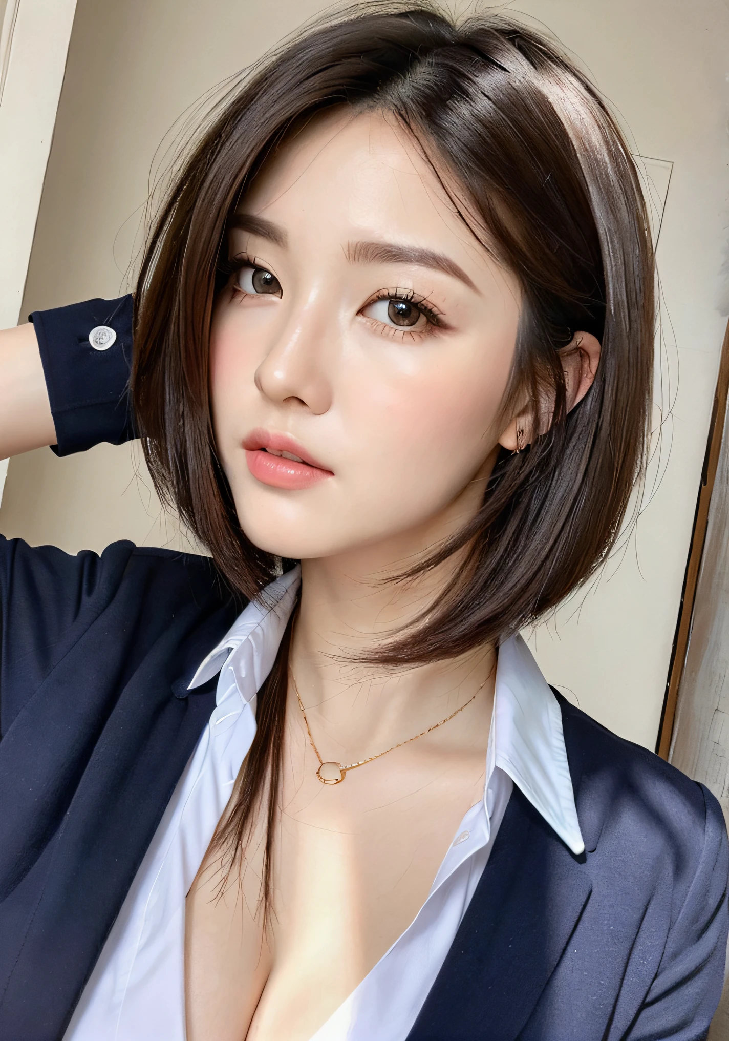 (masterpiece:1.3), (8K, Photorealsitic, Raw photography, Top image quality: 1.4),Face Close-up、portraitures、 japanes, (1girl in),preschool teacher、 beauitful face, (Lifelike face), (A dark-haired, short-hair:1.3), Beautiful hairstyle, Realistic eyes, Beautiful eyes,a closed mouth、 (real looking skin), Beautiful skin, enticing, 超A high resolution, A hyper-realistic, high-detail, the golden ratio, Detal Face,see the beholder,Stuffing- ,cleavage of the breast、Kindergarten Teacher Uniform,Colossal tits ,、