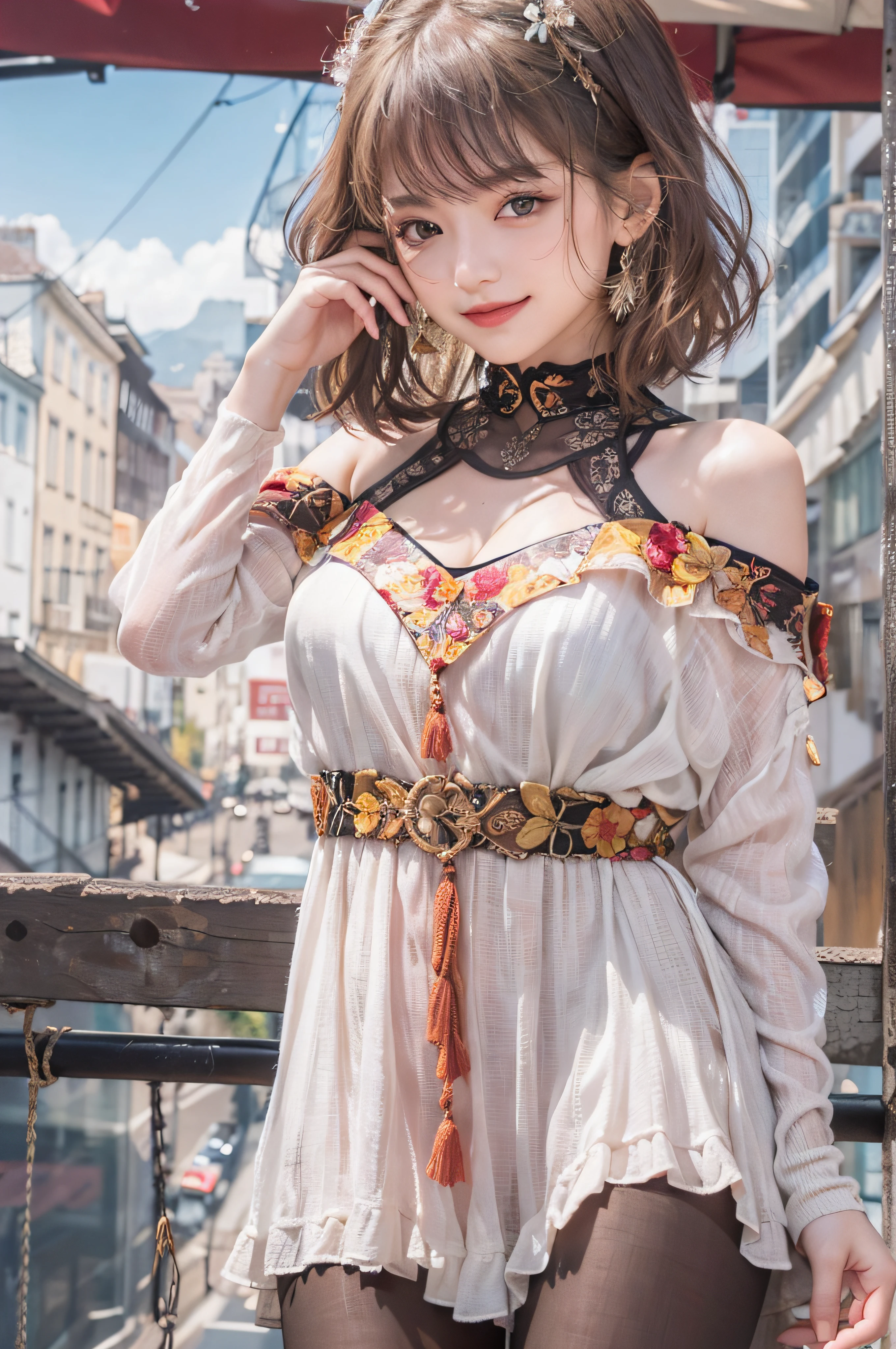 (delicate illustration:1.3)、(masterpiece:1.0)、(top-quality:1.4)、(超A high resolution:1.2)、(Photorealsitic:1.4)、(8K、Raw photography:1.2)、(foco nítido:1.3)、fullllbody、(23years old:1.4)、(((One girl wearing a detailed off-shoulder knitted dress)))、((Girl with short bob hair))、(Brightly colored clothing)、(Fashionable patterned clothes)、(((urban backdrop)))、((Brown contacts white skin))、鎖骨、hugetits、(Happy smiling face)、landscapes、bangss:1.2、beatiful detailed eyes、(sface focus)、 When you look into the camera、Slimed、Slender West、Thin leg、(cute little)、(Beautiful fece)、showing the view from above、pureerosface_v1、ulzzang -6500-v1.1