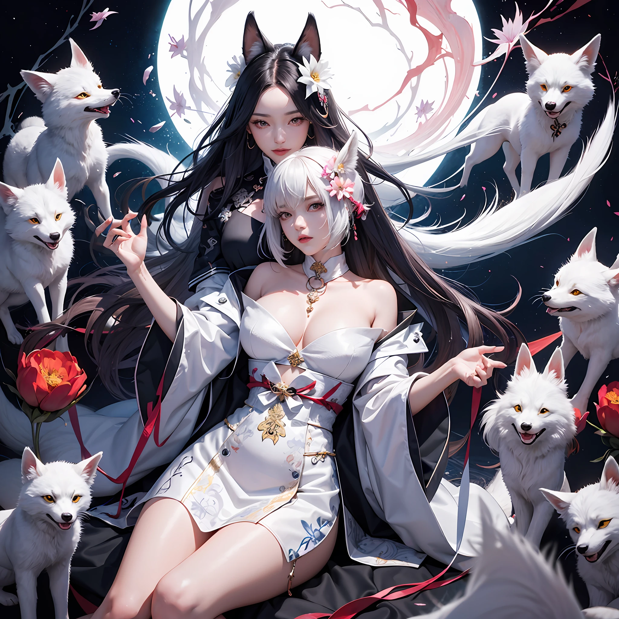1girll，独奏，offcial art，统一 8k 壁纸，ultra - detailed，Beauty and aesthetics，tmasterpiece，best qualtiy，realisticlying，（White abstract background）（zentangle，datura，Tangles，Tangle background：0.7）Kitsune，kitsune mask，Haori jacket，Foxfire spell, The fox makes the devil, deformation, depth of fields, Fantastic atmosphere, The most beautiful forms of chaos, ellegance, Fauvistdesign, Flower of Death, Flowers of ecstasy