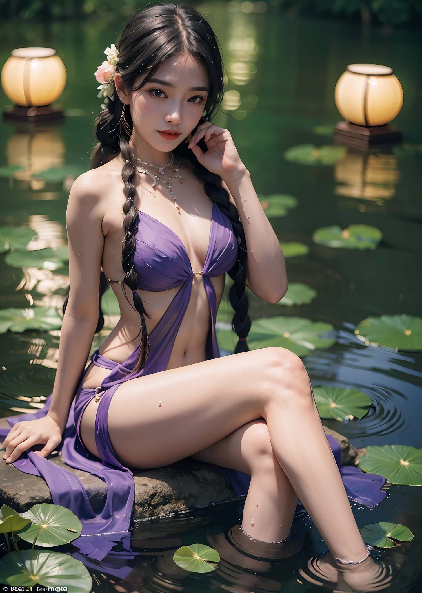 Sitting next to the lotus, red lanterns in two rows of the lake, feet playing in the water, art depicts a charming woman, smiling, 2 hands, 2 legs, delicate face, 2 braids, normal face, dressed in a flowing, silky traditional oriental dress, light purple, decorated with intricate patterns and bright colors. Her dress drapes elegantly over her curvy figure, accentuating her seductive silhouette. She sits gracefully by the tranquil lotus lake, her feet playing in the water, bathed in the soft glow of the moonlight. The scene exudes an ethereal and dreamy atmosphere, with a touch of mystery and sexiness. The graphic style blends watercolor and digital illustration techniques to evoke a refined beauty and charm. The lights are filled with soft moonlight, casting soft highlights and shadows on her charming features. Bare thighs, small breasts, three-dimensional facial features, sitting, upturned legs, 1 side braid, wet