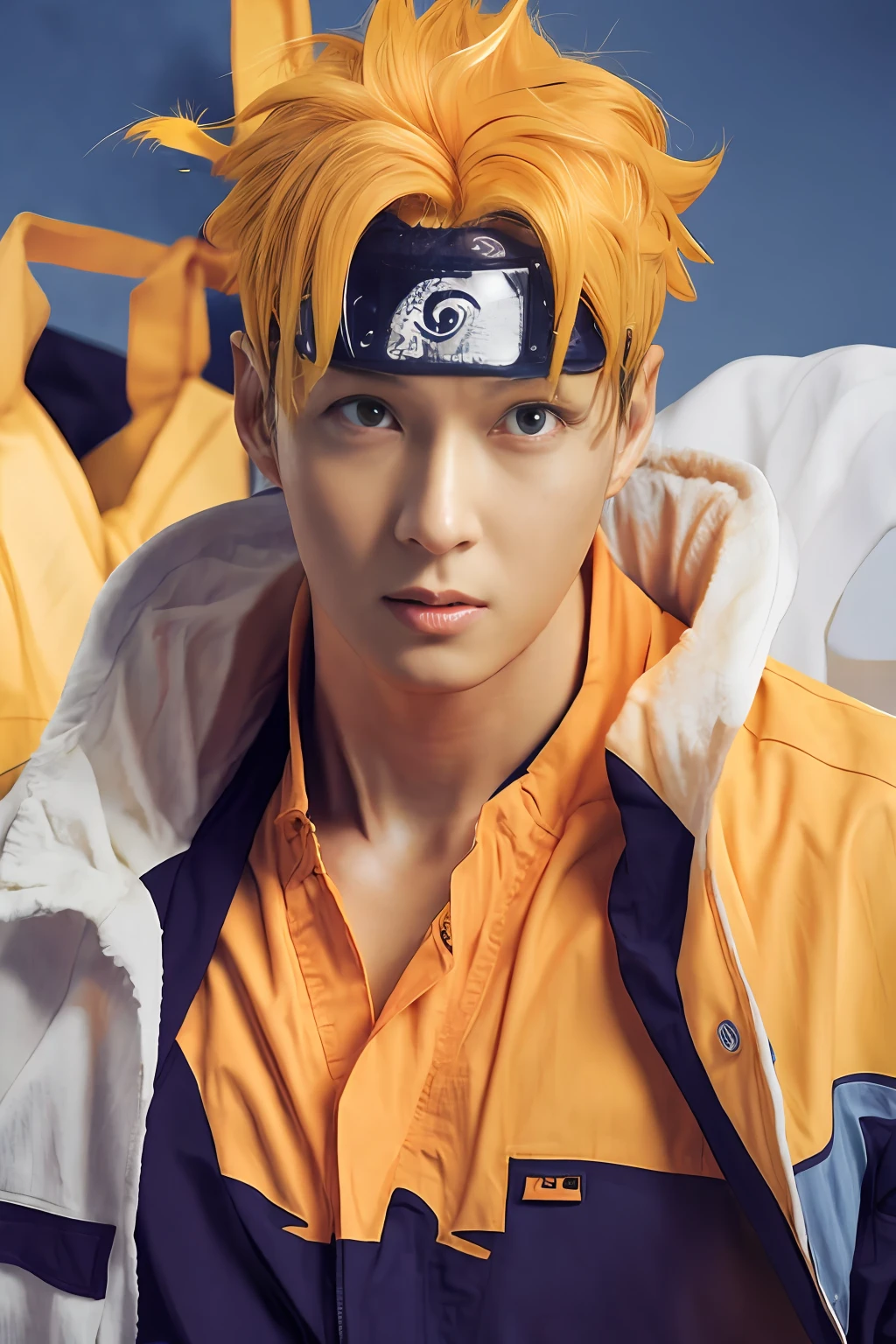 1man, a man with a orange jacket and fluffy white collar, naruto uzumaki, realistic, ultra detail, realistic hair, sharp eye, yellow hair, short hair, blue eye, headband