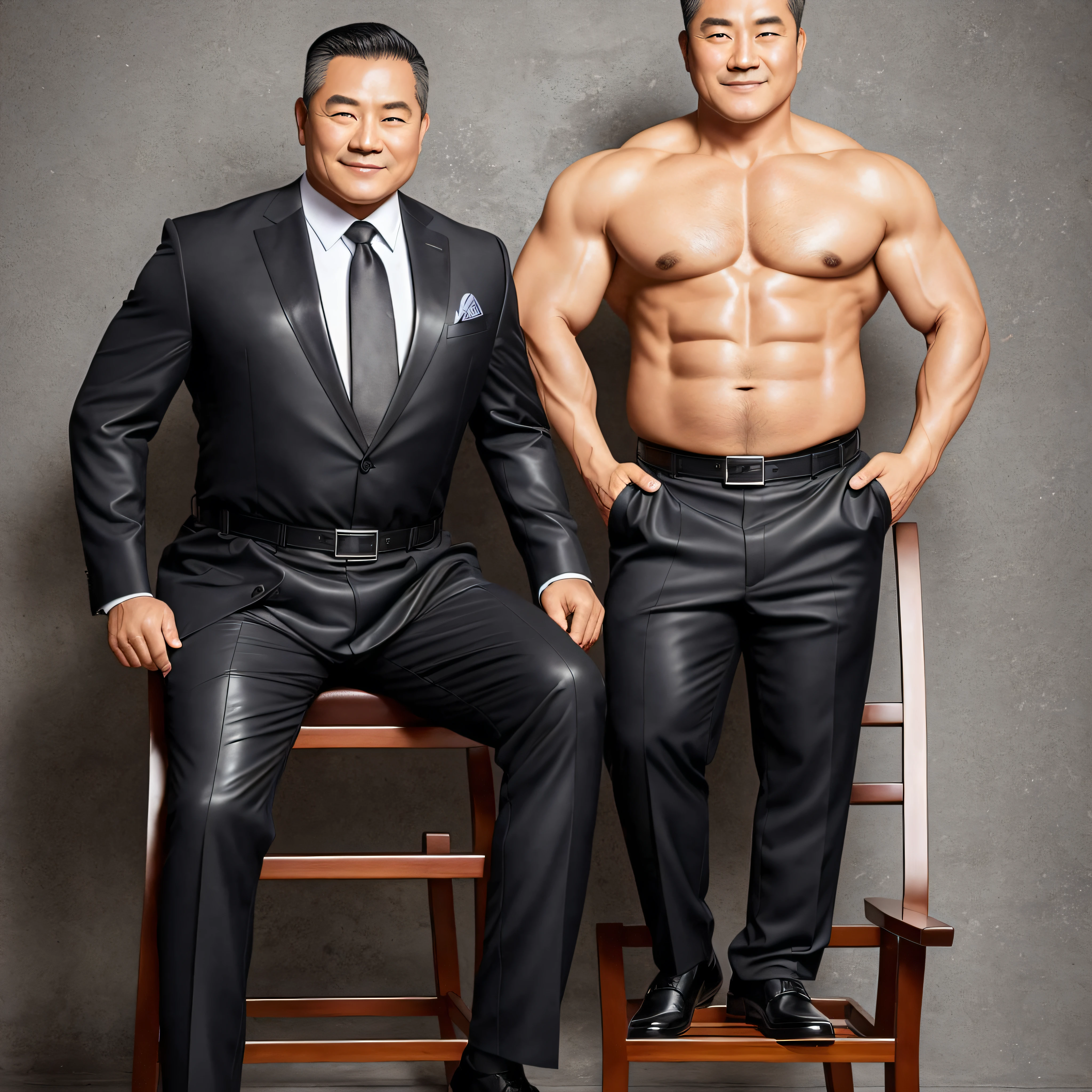 A middle-aged man in formal clothes，Slightly chubby abs are revealed，Against the backdrop of a black leather belt，Guoji had a smile on his face，legs are open，Sit in a chair，Real Human --auto