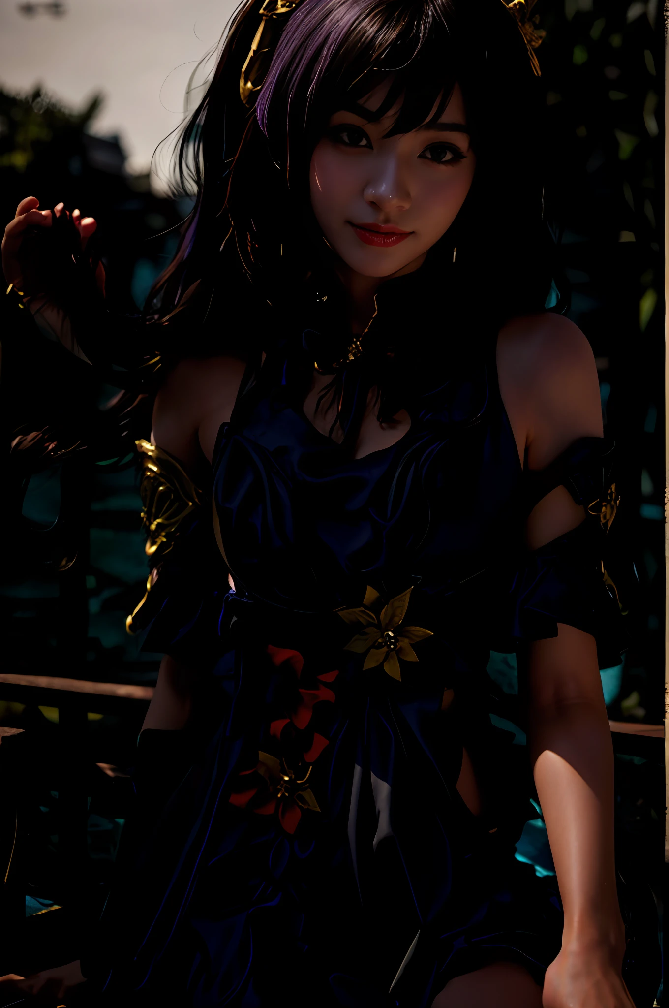 Alafi in a purple dress sitting on a bench, ornate cosplay, Anime girl cosplay, Anime Cosplay, anime goddess, Cosplay, Anime Character; Full Body Art, keqing from genshin impact, fantasy dress, zhongli from genshin impact, stunning armor, Cute anime waifu in a nice dress, portrait knights of zodiac girl, fantasy outfit、realisticlying, absurderes, detaileds,top-quality, ​masterpiece, 1girl in, Beautiful expression, (photographrealistic:1.3), Rim lighting, (High Detail Skins:1.2), 8K UHD, Digital SLR, hightquality, hight resolution, 4K, 8K, bokeh dof, absurderes, best ratio four finger and one thumb, (realisitic:1.3), a small face, pretty 1girl、Colossal tits、large full breasts、