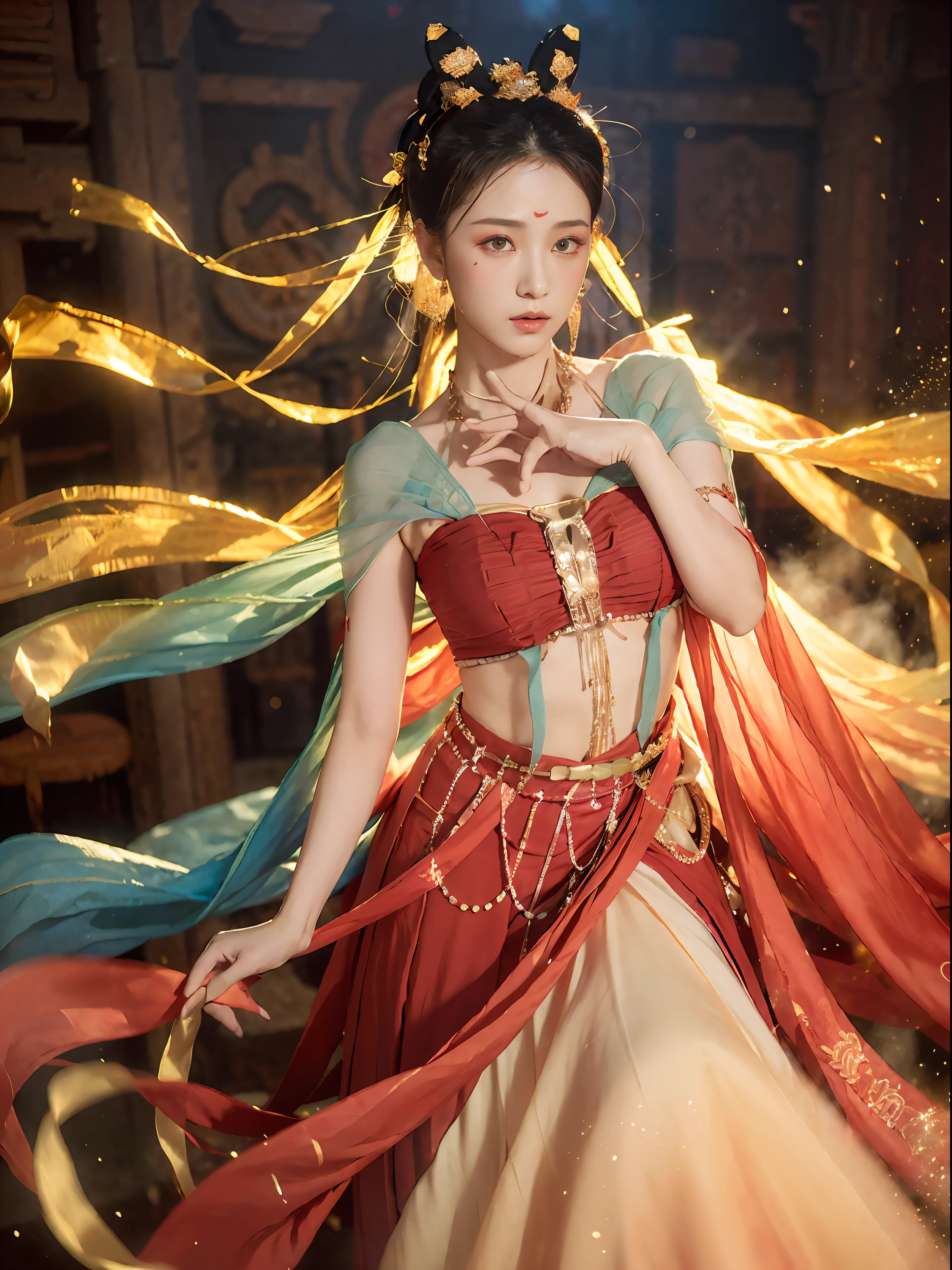 (8k, RAW photo, best quality, masterpiece:1.2), (realistic, photo-realistic:1.4), (extremely detailed CG unity 8k wallpaper), (1 girl:1.5), Western beauty, (Red clothes: 1.4), red spots on forehead, pale skin, blush, big eyes, full body, thighs, open navel, gold waist chain, gold jewelry, flying ribbons, particles, background is Loulan ancient city, ancient city wall, desert, dance, dunhuang_dress, dunhuang_style,