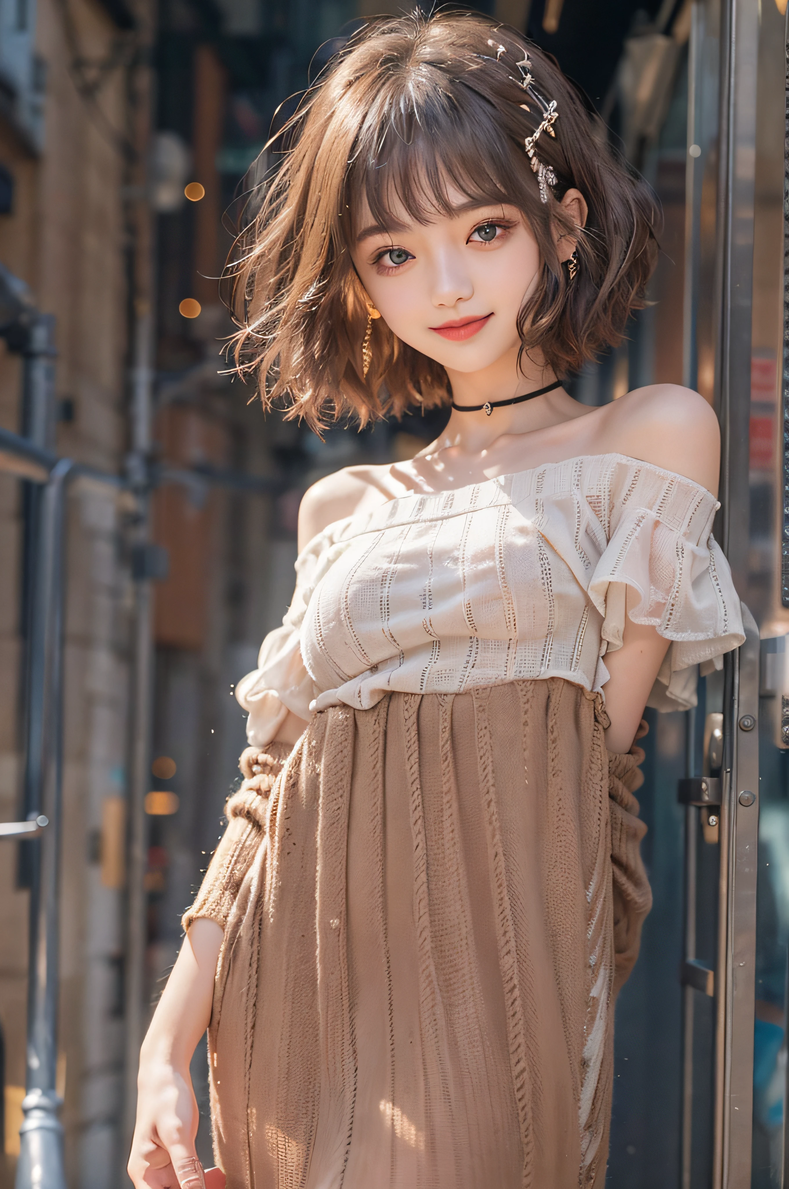 (delicate illustration:1.3)、(​masterpiece:1.0)、(top-quality:1.4)、(超A high resolution:1.2)、(Photorealsitic:1.4)、(8K、Raw photography:1.2)、(foco nítido:1.3)、fullllbody、(23years old:1.4)、(((One girl wearing a detailed off-shoulder knitted dress)))、((Girl with short bob hair))、(Brightly colored clothing)、(Fashionable patterned clothes)、(((urban backdrop)))、((Brown contacts white skin))、鎖骨、hugetits、(Happy smiling face)、landscapes、bangss:1.2、beatiful detailed eyes、(sface focus)、 When you look into the camera、Slimed、Slender West、Thin leg、(cute little)、(Beautiful fece)、showing the view from above、pureerosface_v1、ulzzang -6500-v1.1
