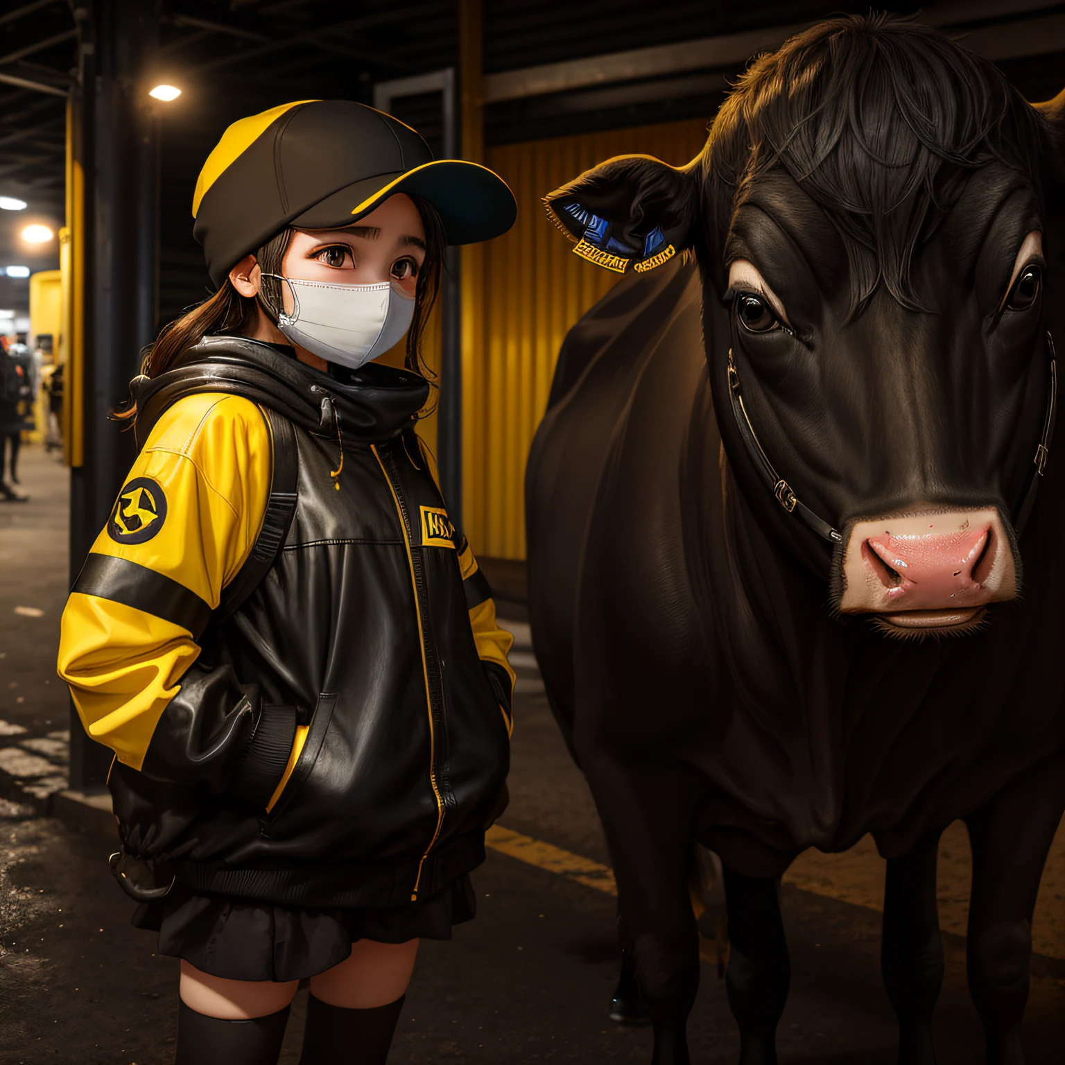 A masked girl, a black cap, a yellow and black jacket, stands next to a cute dairy cow --auto
