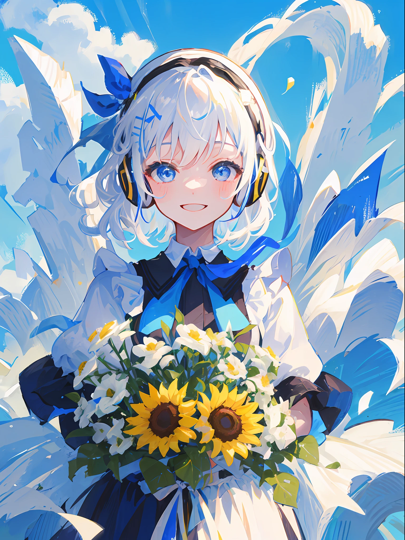 main character, 1girl,wavy short hair, White hair(Blue hair chips), Blue big hair ribbon, Ahoge, Happy face, Blue eyes, a smile, Black headphones, Blue Maid Outfit, happiness, Have a bouquet of blue and white flowers