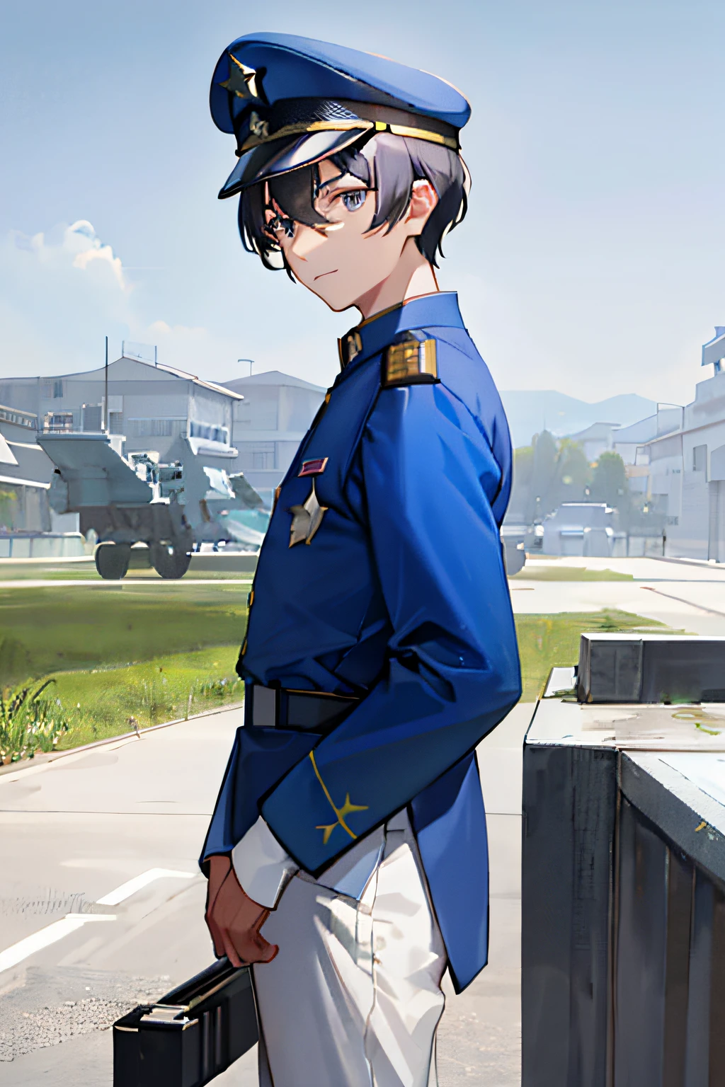 16k resolution，male people，Chinese Air Force，Air Force dress in 2021 style，There are two bars and a star on the shoulder，The face is exposed to the sun，Stand on a high platform，Wearing a military cap with a glittering Bayi badge，Look sideways ahead，Handsome face。