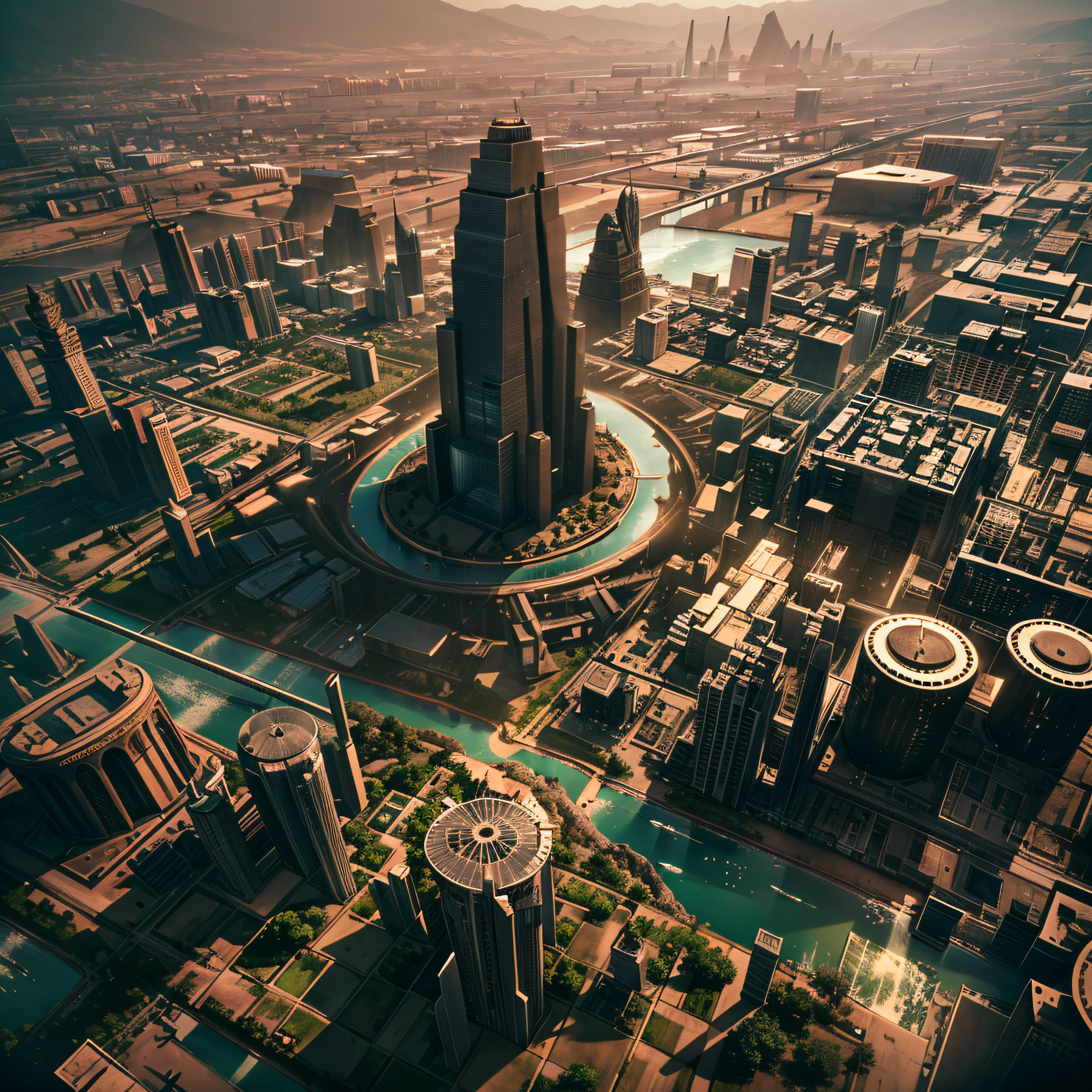 aerial view of a huge dystopian city from the future, huge monuments in the form of apes and cats are all over the city, moai, aztec, egypt, babylon, atlantis, sumerian, persian, stonehenge, TOTEM, cinematographic quality, dramatic light, in the sky the stars and alien ships, on earth rivers of lava, finished, high definition, EVERYTHING HAS AN EXTREME QUALITY IN THE DETAILS - h 1024 w 804 | f 1 6 lens mark 2:2 s 3555 mm film grain: 1 realistic high resolution sharp focus contrast! intricate detailed atmospheric light refraction lighting unreal engine 5 cinematic concept photography masterpiece octane rendering trends in cgsociety rendering