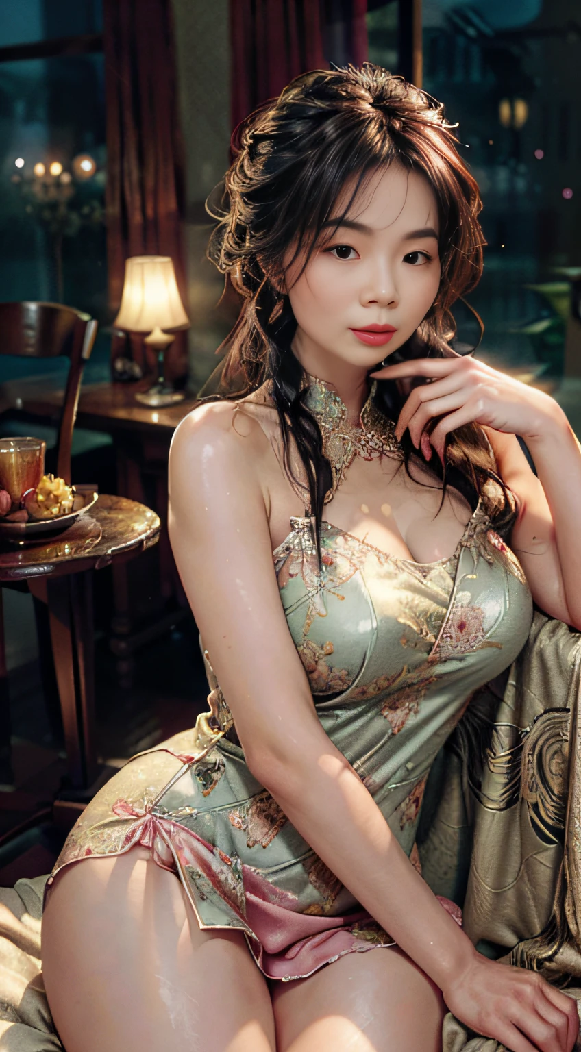 The art depicts a charming woman dressed in a flowing, silky traditional oriental dress, pink, decorated with intricate patterns and bright colors. Her dress drapes elegantly over her curvy figure, accentuating her seductive silhouette. She sits gracefully under the quiet moon, bathed in the soft glow of the moonlight. The scene exudes an ethereal and dreamy atmosphere, with a touch of mystery and sexiness. The graphic style blends watercolor and digital illustration techniques to evoke a refined beauty and charm. The lights are filled with soft moonlight, casting soft highlights and shadows on her charming features. Bare thighs, big breasts, three-dimensional facial features, sitting, upturned legs, side braids
