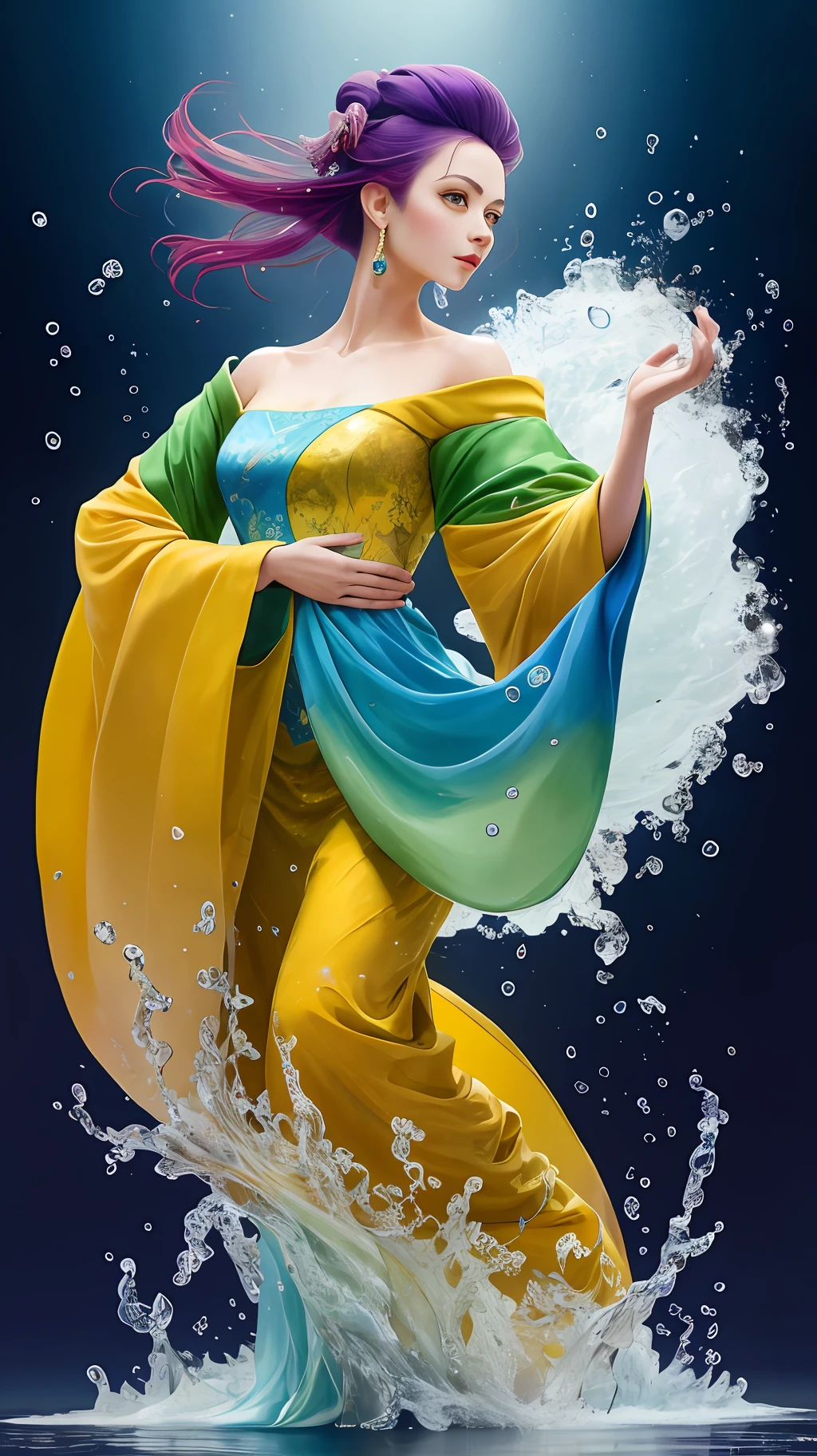 "((La mujer del agua)), pintura maestra, highest qualityr, detalle extraordinario, An incredibly delicate and beautiful image, flotante, high resolusion, Angle Dynamic, dynamic  pose, (1 chica), ojos azules, cabello multicolor + plateado:1.3 + rojo:1.2 + morado, amarillo:1.3 + verde:1.3), ropa blanca estilo wuxia, cinta en el cuello, rostro hermoso, gotas de agua en abundancia, nubes, twilights, plano general, acuarela"