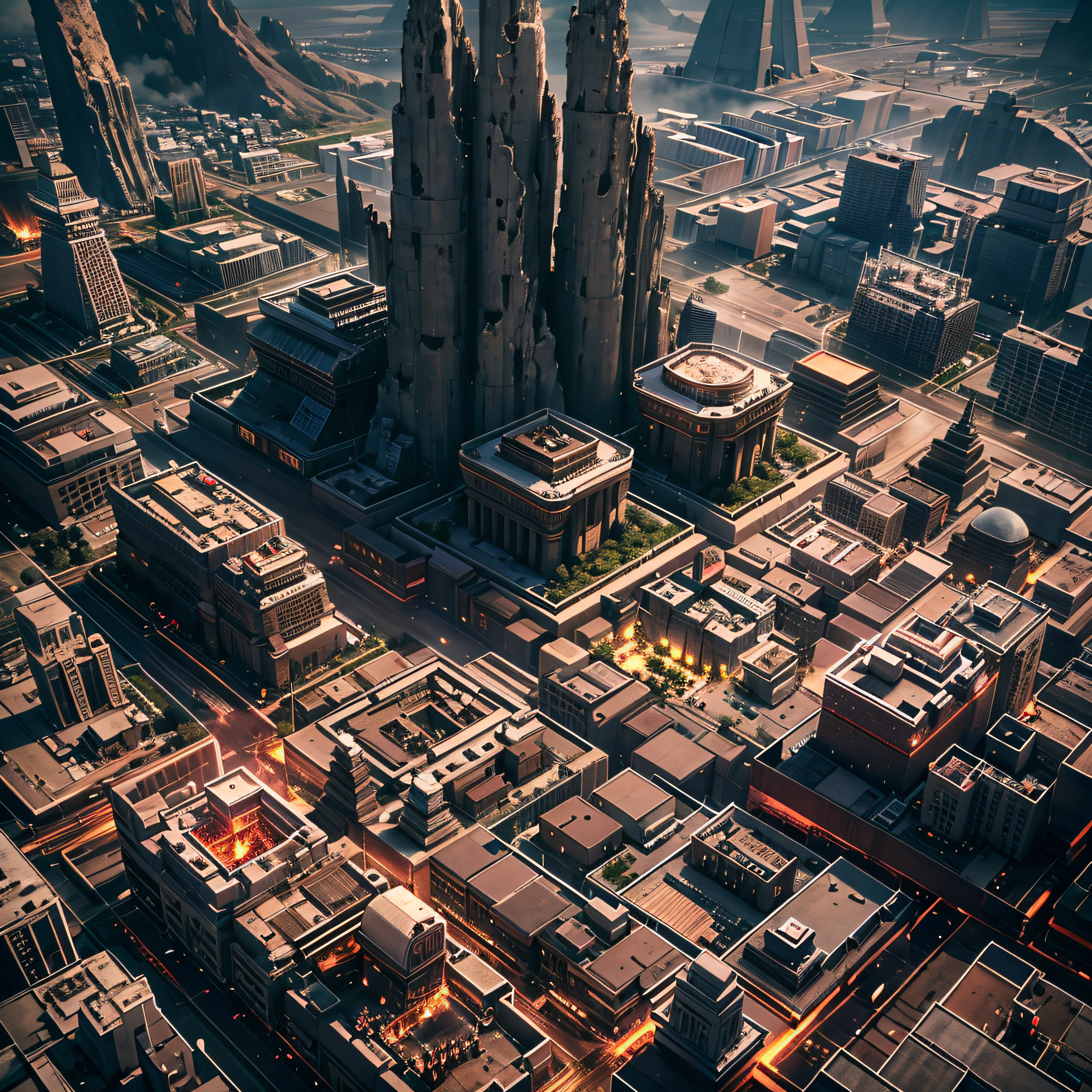aerial view of a huge dystopian city from the future, huge monuments in the form of apes and cats are all over the city, moai, aztec, egypt, babylon, atlantis, sumerian, persian, stonehenge, TOTEM, cinematographic quality, dramatic light, in the sky the stars and alien ships, on earth rivers of lava, finished, high definition, EVERYTHING HAS AN EXTREME QUALITY IN THE DETAILS - h 1024 w 804 | f 1 6 lens mark 2:2 s 3555 mm film grain: 1 realistic high resolution sharp focus contrast! intricate detailed atmospheric light refraction lighting unreal engine 5 cinematic concept photography masterpiece octane rendering trends in cgsociety rendering