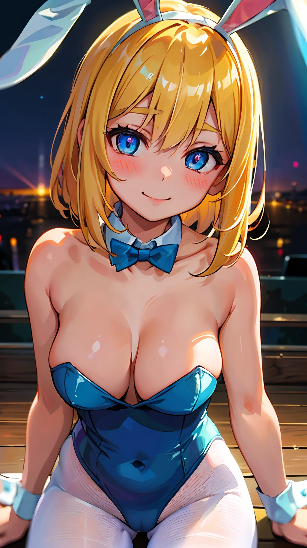 ((masterpiece, best quality;1.3)), ultra detailed, 8k unity wallpapers, CG, ray tracing, illustration, colorful, cinematic shadow, extremely detailed and beautiful background,vhd, shadering VRay,RT, 1girl, smile, age, petite, loliush, solo, blue eyes, blush, (blonde hair), (medium hair), large breasts, white glowing skin, highly detailed beautiful face, beautiful face, beautiful eyes, (talented Lo-Fi:1.3), naked, sexy, lewd, skindentation, animal ears, bow, bowtie, pantyhose, pantyhose, playboy bunny, rabbit ears, wrist cuffs, cameltoe, close-up, glowing, glowing light, ultra detailed, scenic, atmospheric